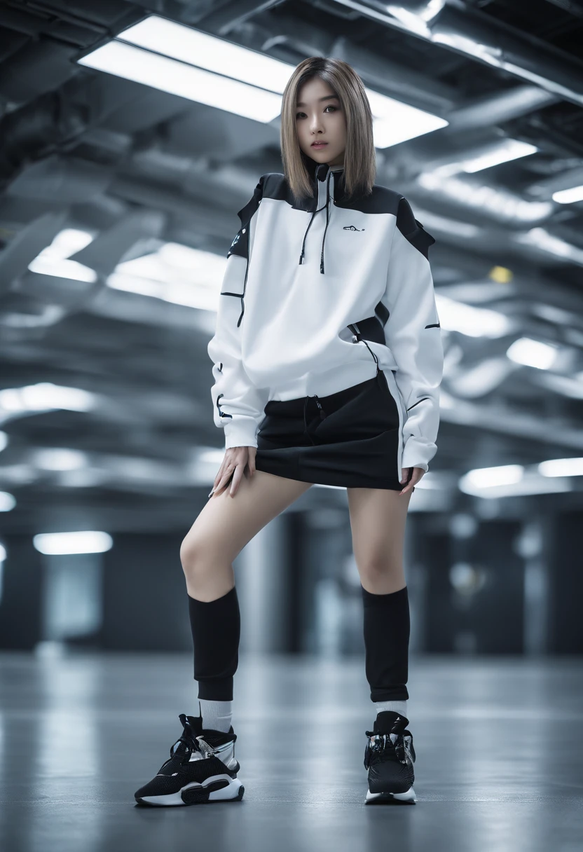 ((of the highest quality, 8K,RAW photo)), (Realistic, Photorealistic: 1.37), (Face focus: 1.1), Small breasts, Flat chest, Long hairs, A Japanese lady、20yr old、Japanese idol system、(White sweatshirt: 1.1)、Skirt, Sitting, Arms up, From below, Sunlight, Movie lighting,