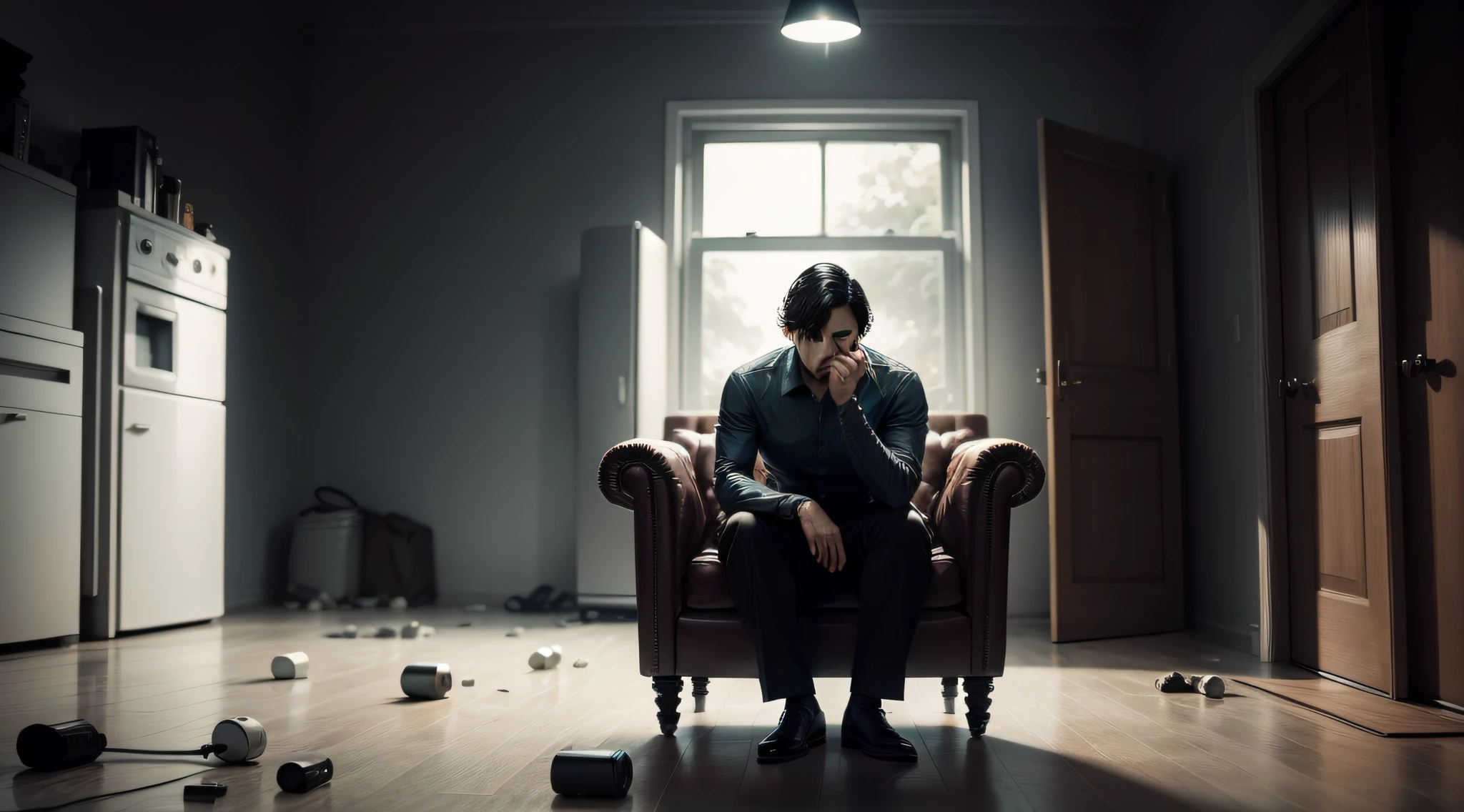 um homem diferente e isolado de todos, com um Background mais dark e triste, Background borrado