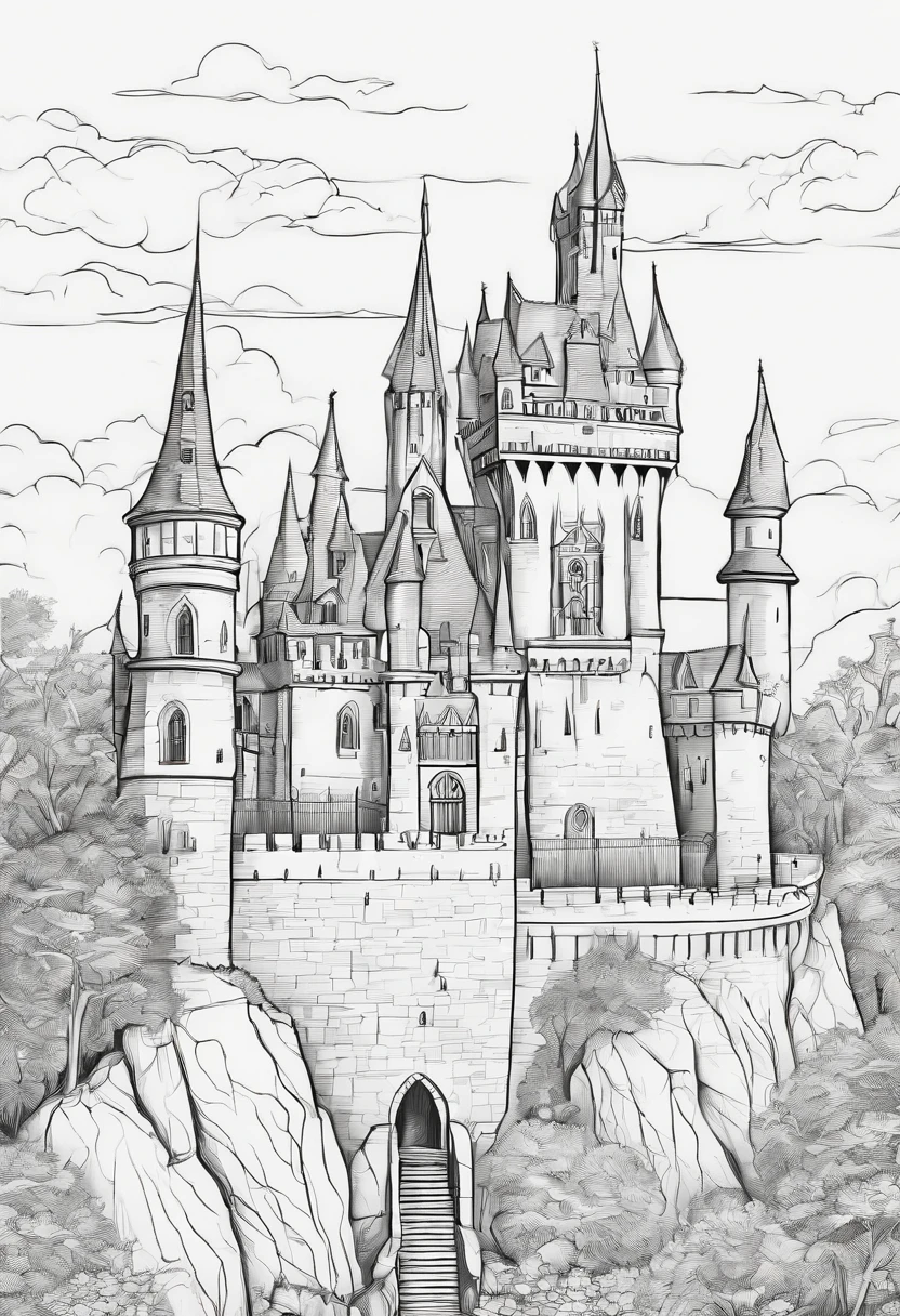 Line drawing,color no,Coloring book for kids,White background,Clear black lines isolated on white background,Halloween,Dracula、Castles