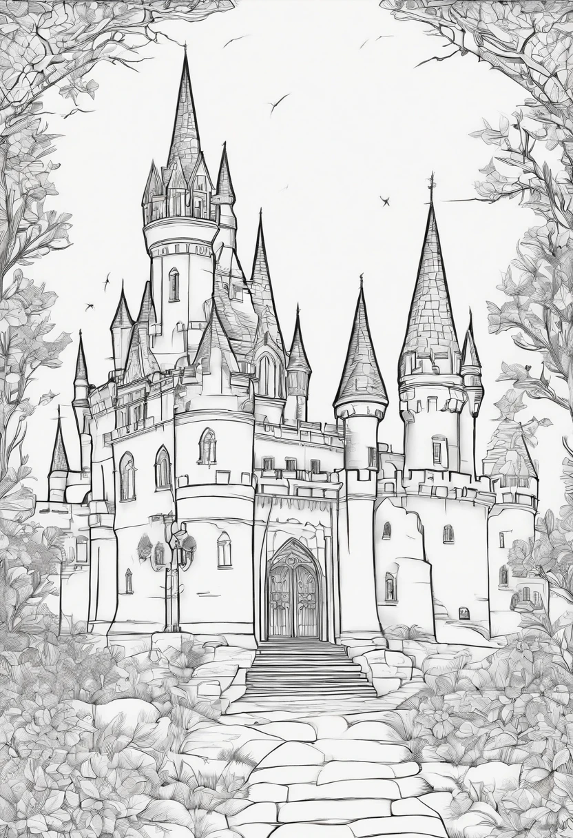 Line drawing,color no,Coloring book for kids,White background,Clear black lines isolated on white background,Halloween,Dracula、Castles