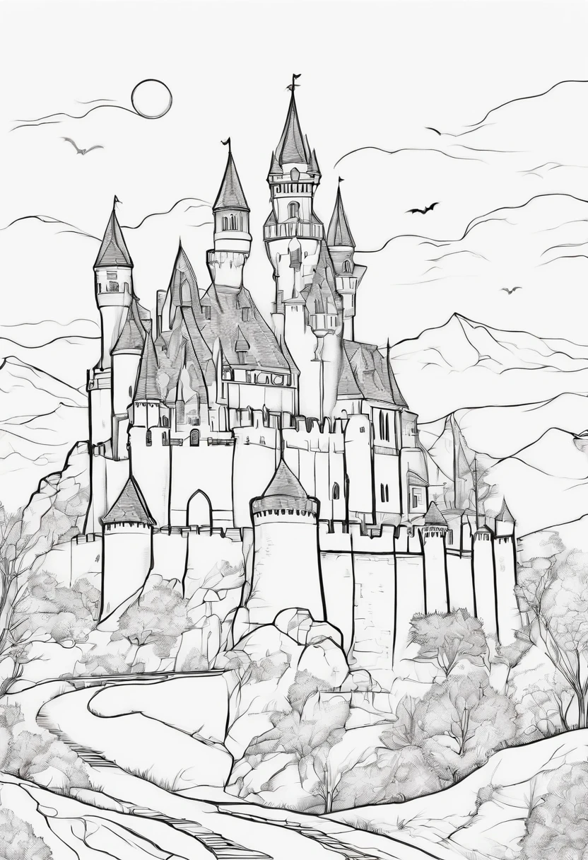 Line drawing,color no,Coloring book for kids,White background,Clear black lines isolated on white background,Halloween,Dracula、Castles