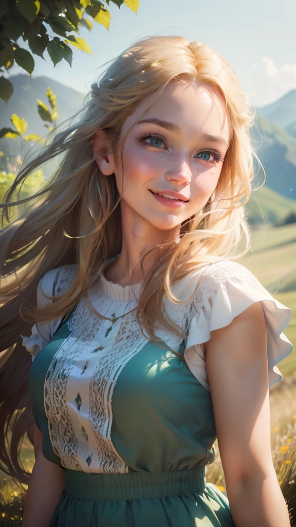 (best quality,4k,8k,highres,masterpiece:1.2),ultra-detailed,(realistic,photorealistic,photo-realistic:1.37),A person taking a confident step forward,bright smile,letting go of past troubles,beautiful detailed eyes,beautiful detailed lips,extremely detailed eyes and face,longeyelashes,happy expression,a person radiating positivity and strength,determined posture,shining eyes,glowing smile,standing on a hill,sunshine on the face,calm and peaceful background,natural surroundings,green grass and blue sky,soft sunlight illuminating the scene,portraits,colorful,color palette with vibrant and warm tones,light and shadow play,harmonious lighting and composition,fresh and lively atmosphere,sparkling energy,vivid colors,bokeh.