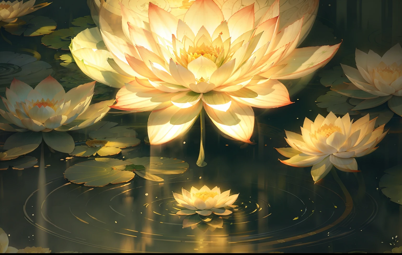 There is a white flower on the green leaves, lotus petals, centered in picture, draped with water and spines,, lotus flower, lily pad,, floating in a powerful zen state, Lotus,, portrait centered, lotuses,Fantasy style(Chinese watercolor style, Chinese painting style)