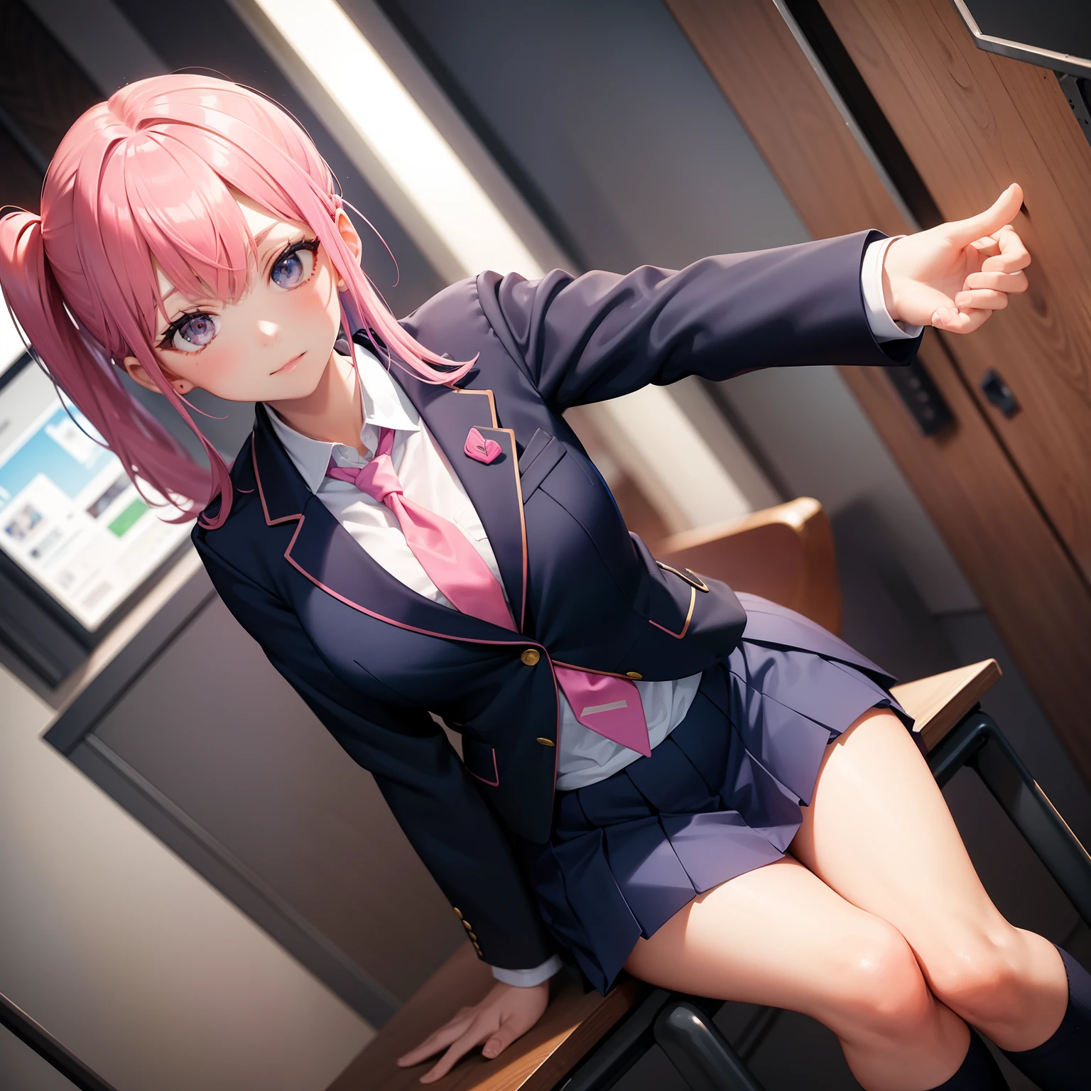 High school girl, dark blue blazer, shocking pink super miniskirt, pink tie, high socks, pink hair, school classroom