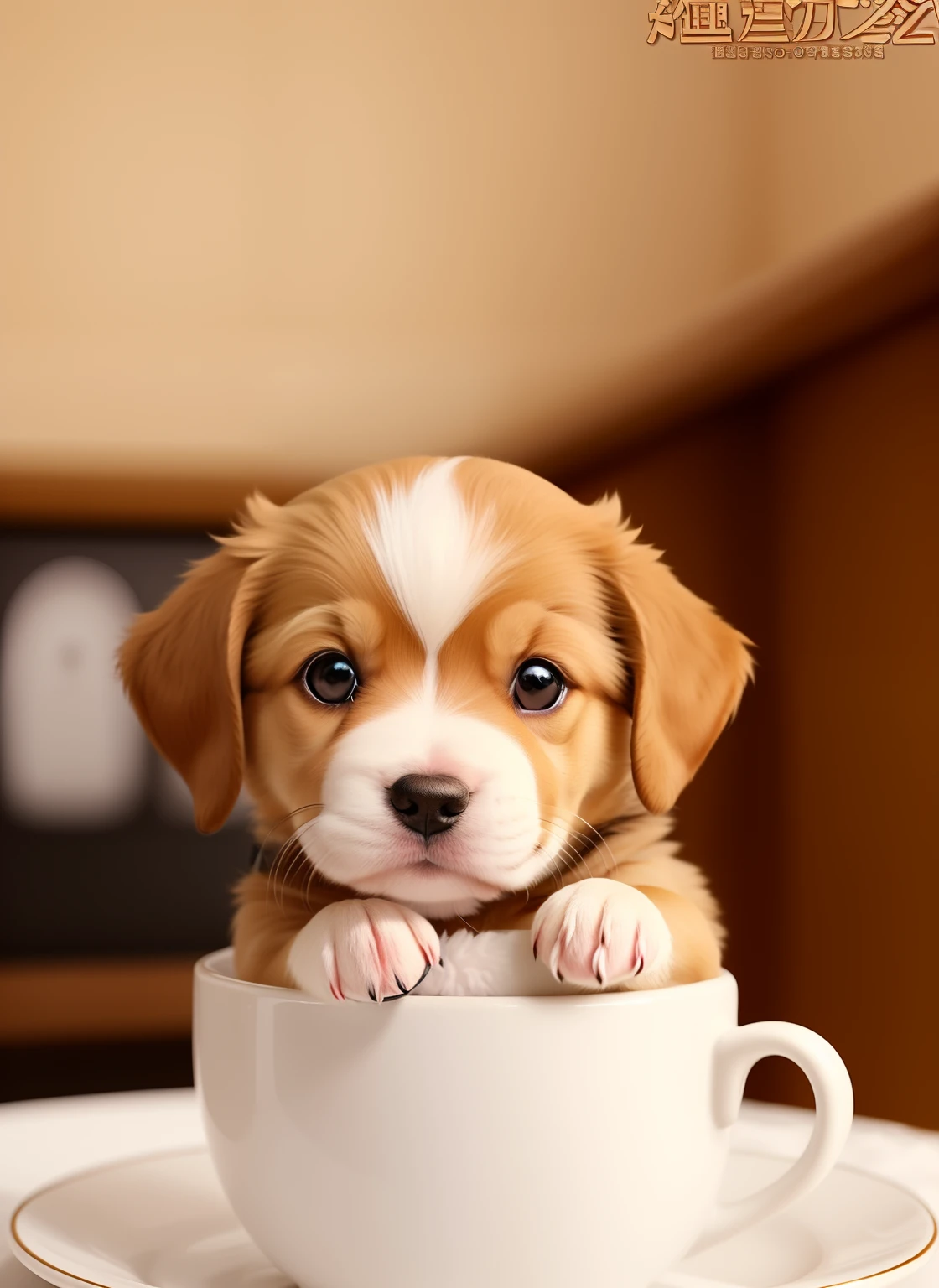 Realistic puppies are the protagonists、front paws floating、Puppy working in a café、Puppy wearing an apron、a cute puppy、Puppies with standing ears、Fluffy puppy like the real thing、professional photograpy、realisitic、Animal world、Cute like a doll、One horse、Very small puppy、Stylish cityscape、​masterpiece、32K、Round pupils、Mofumofu