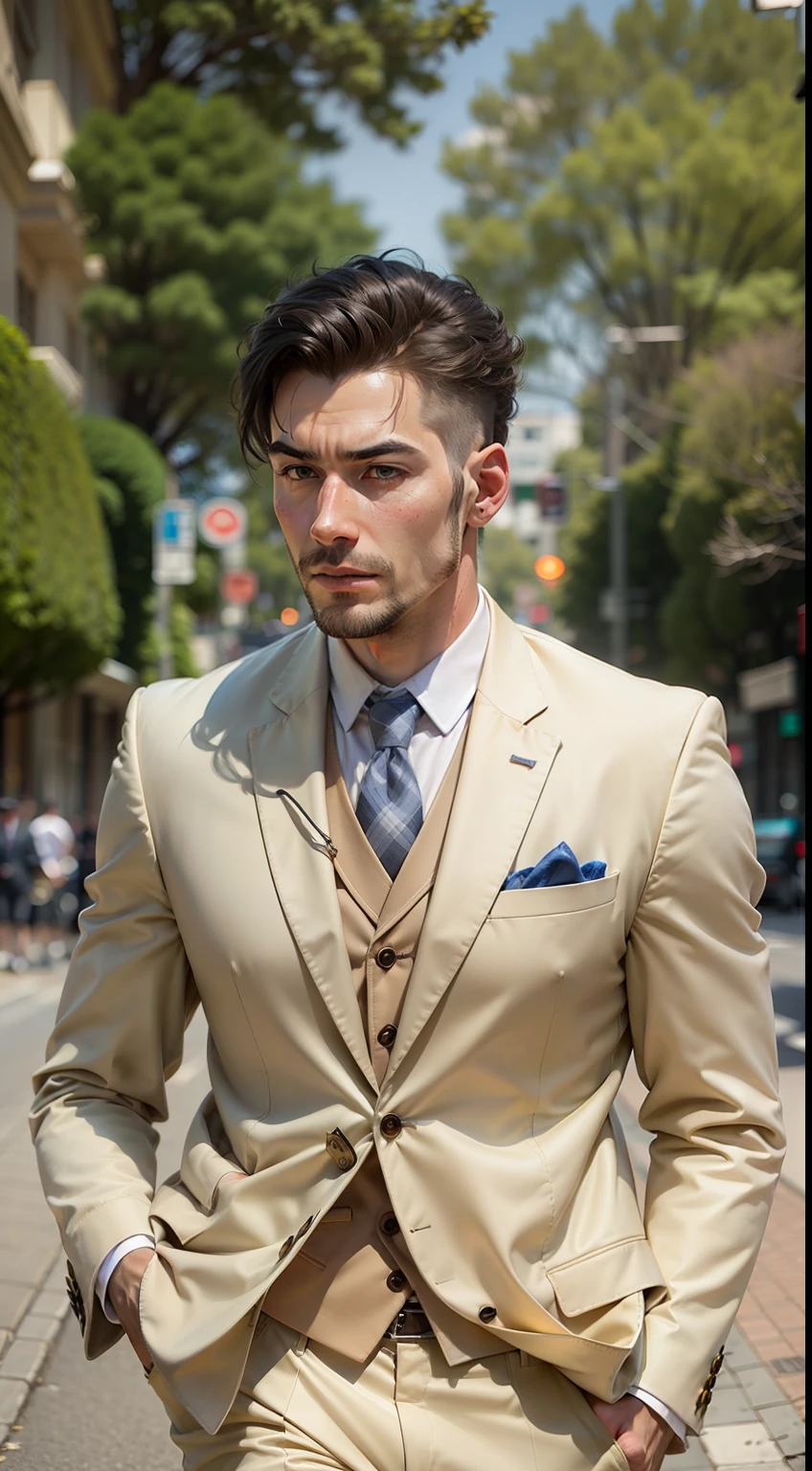 Realistic, realistic face (best quality), (in suit) (walking down the street)