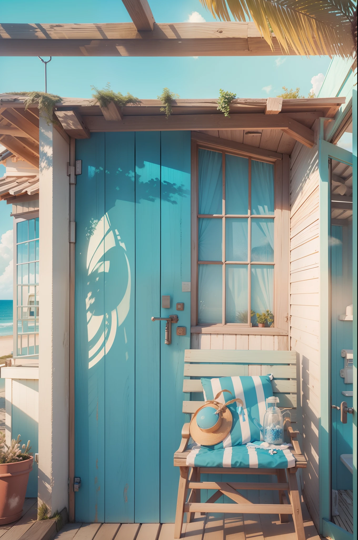 beachside, Holiday home, spray, Blue sky,  and the sun was shining brightly, the detail， 4K， k hd， high high quality.