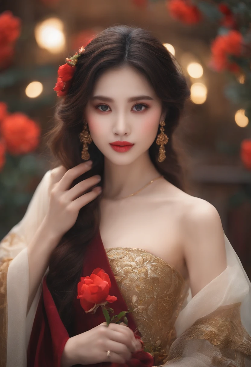 Beautiful girl, crown on head, red flowers on hairs , long hairs dark brown, shinning eyes, smiling red lipstick, wearing beautiful princess dress.