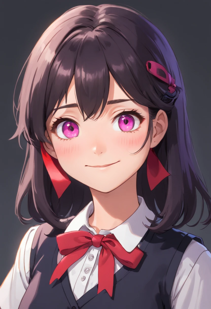 8K picture quality、top-quality、masutepiece、An ultra-high picture quality、ultra-detailliert、Ultra-realistic hair quality、Vibrant colors、Beautuful Women、Beautiful long hair、Shiny hair、detailed hairs, poneyTail、Violet eyes、shinny skin、Lace underwear、big breasts、Sweat on the forehead and cheeks, A smile、soft pink lips、Ultra-realistic flesh feeling、Red cheeks、Black Vest with White Blouse, Black Blouse Collar Ribbon, black hair, looking at camera, blank background, mugshot