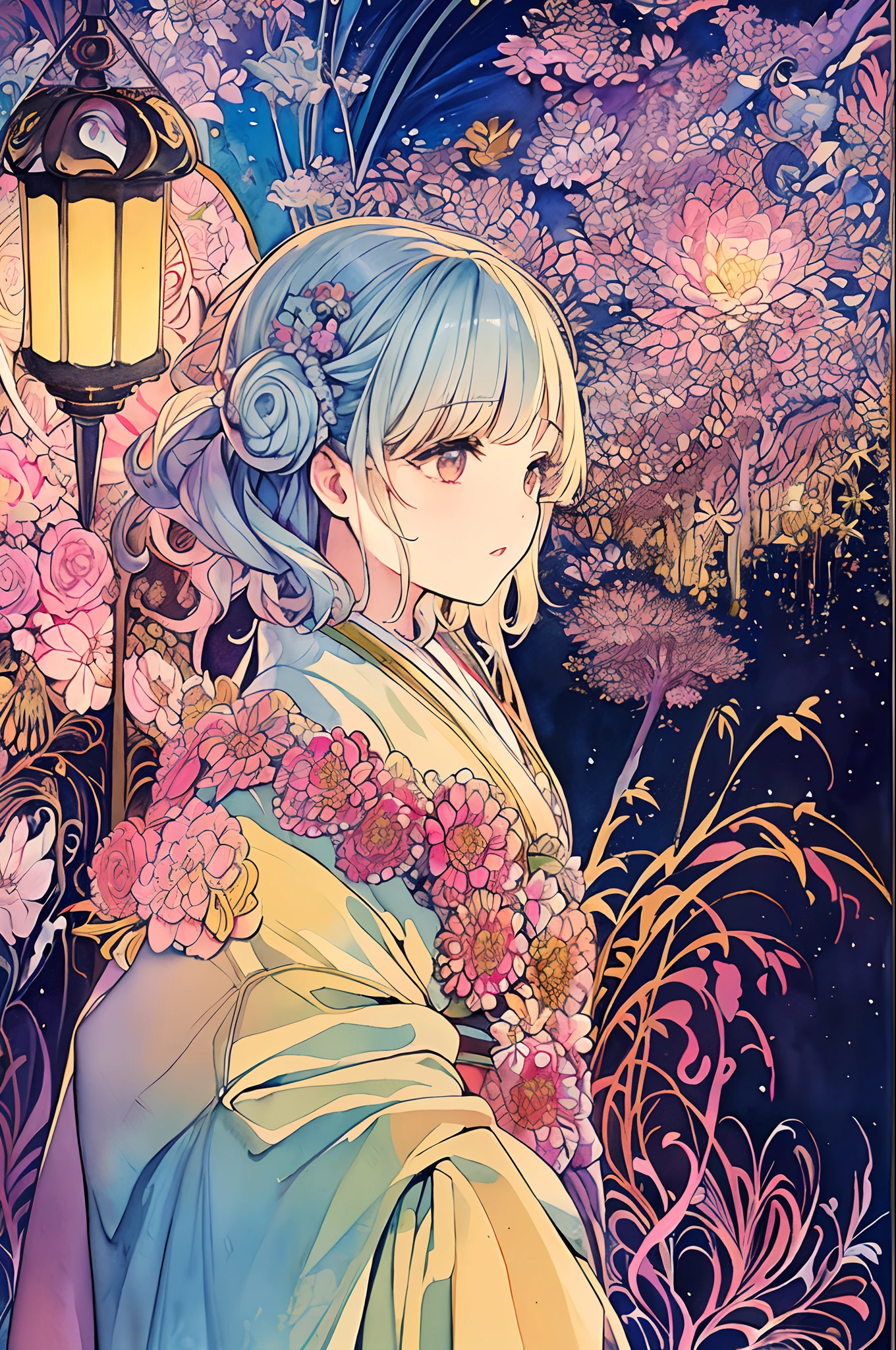 (masterpiece、top-quality、top-quality、watercolor paiting(Curly)、Official art、Beautifully Aesthetic:1.2)、(1girl in:1.3)、(Fractal Art:1.3)、(Kimono)、The upper part of the body、From Side、looking at the viewers、patterns、Flowers and Birds Fugetsu、yuki、Thousand Cranes、clouds、lantern、starrysky、stele、