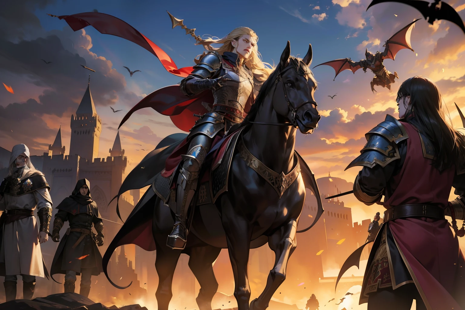 Moroccan Castlevania Shadow Lord hyper realistic super detailed Dynamic shot centerpiece cinematic scenes movie Epic Legendary Perspective Lord shot Dracula Islamic warrior leather Armor Porter hyper realistic super detailed faces leading troops armed with demons into battle Hyper realistic war super detailed Dynamic shot