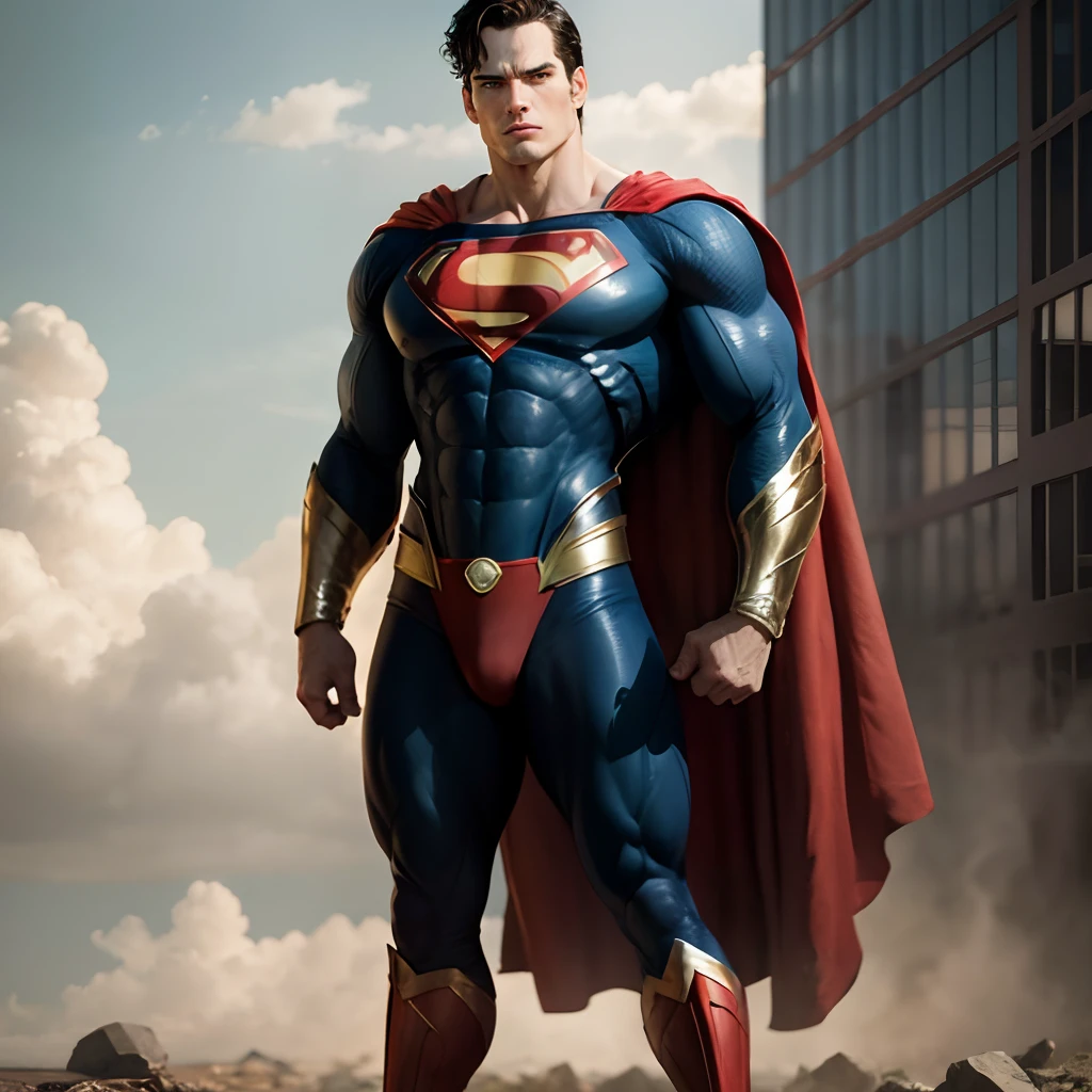 full body character, realistic superman, he is wearing his uniform, uniform open revealing his hard penis that is dripping with cum, hard penis, he is sweating, wet, in the background a city destroyed at night and on fire, in the background a city ​​on fire at night, lots of destruction behind him, dynamic attack pose, he is on top of the debris,