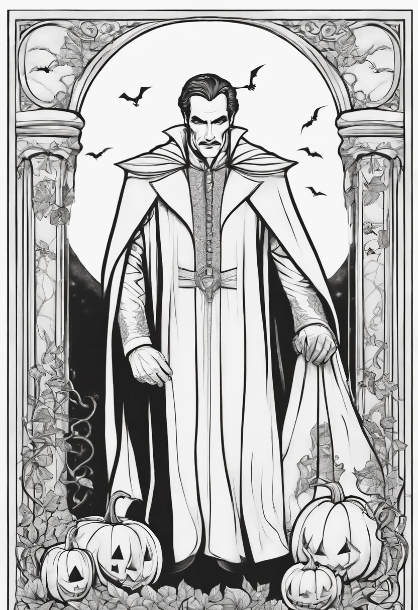 Line drawing,color no,Coloring book for kids,White background,Clear black lines isolated on white background,Halloween,Dracula、baron