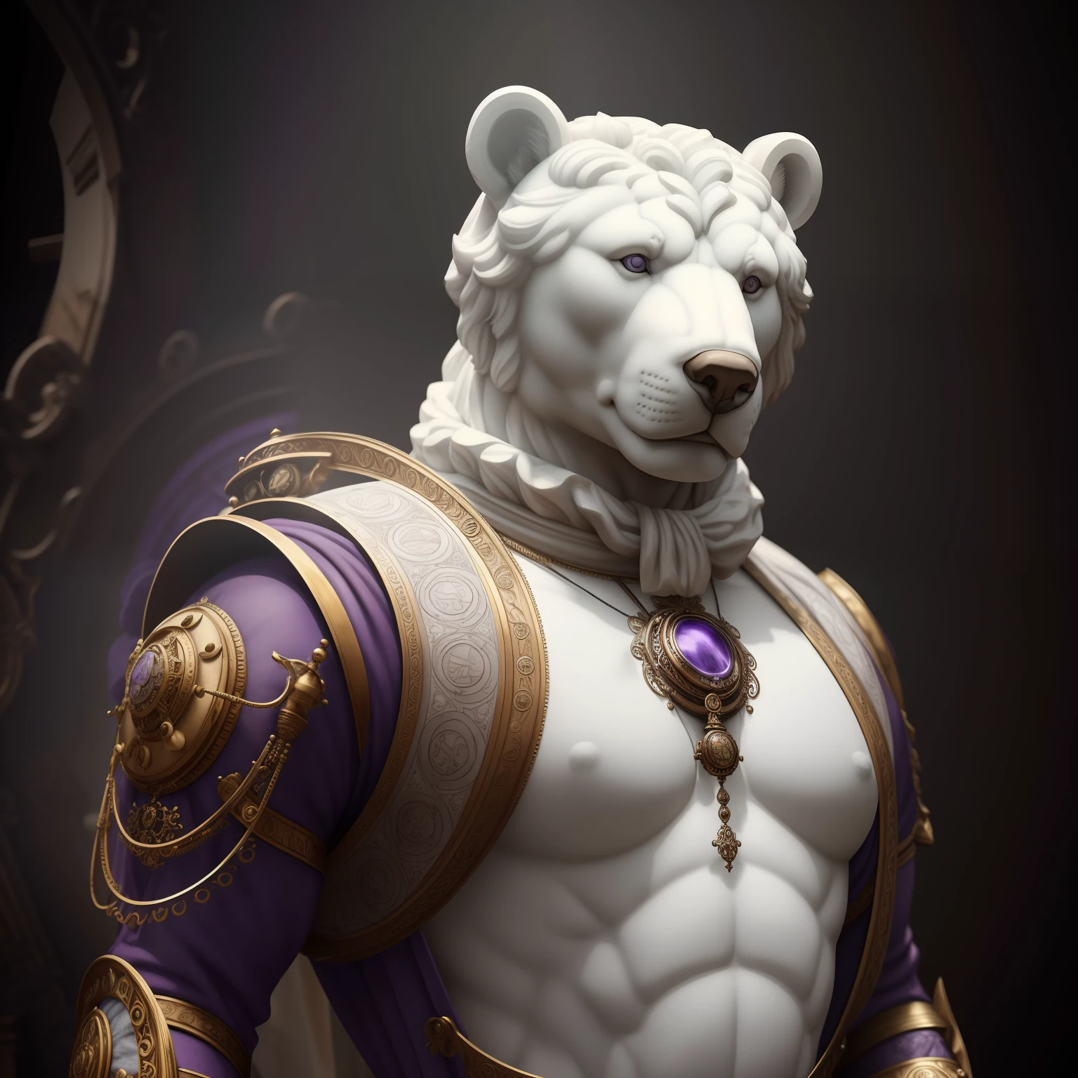 A realistic white marble statue of a carefully detailed steampunk violet bear wearing a ghostly toga, fundo preto, Moody, fotorrealista, super detalhada, Hiper realista, luzes brilhantes, 8k