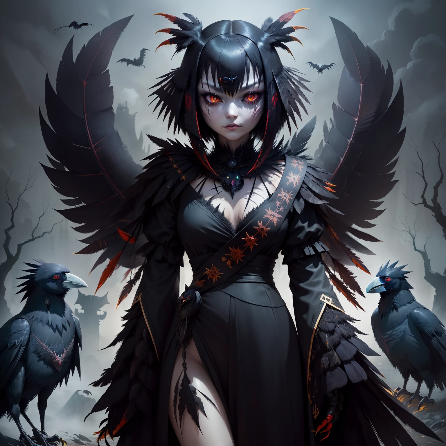 Illustration of a raven monster with glowing eerie red eyes in a dark night、A monster that combines creepiness and beauty、(femele:0.3| crows:1.8)、(Body wrapped in crow feathers:1.5)、On the back are large crow wings,、Woman with a beak like a crow、sharp claws on the limbs、Ferocious and、Atrocious and、wicked、Ferocious、ruthless look、Laugh eerily、Highlight the strength and charm of characters with crow traits、dark forest、Full body