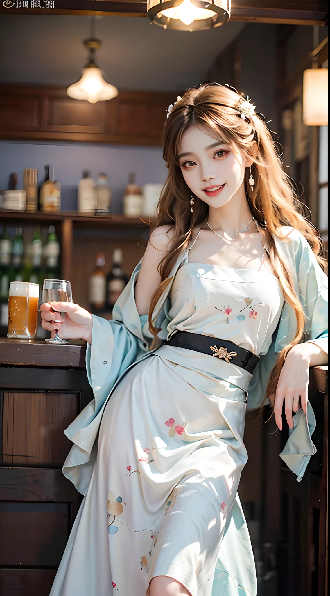 ((full body)), ((from below)), ((realistic)), 1 Asian female model, A young girl, (in a pub, Sit Pose, Cross ed leg, Leaning against the bar), Pleasing posture, Eye-catching poses, Nice long legs, Detailed scenes, Coiled hair, Hairpins, Beautiful hair accessories, Brownish-yellow hair, light make-up, Blushlush, Gloss on lips, ((White floral Hanfu, hanfu, high-waist, Nice belt, high-heels)), ((warm lights, a warm color palette)), (Extremely high color saturation), Detailed details, ultra-detailliert, (tmasterpiece, best qualtiy), (An extremely delicate and beautiful work), Delicate earrings, Delicate necklace, Simple blurred background, Extreme detail description, Ultra-fine painting, Delicate face, slim toned body, Slimming the waist, (grin, happy grin, Baring teeth), (anatomy correct)