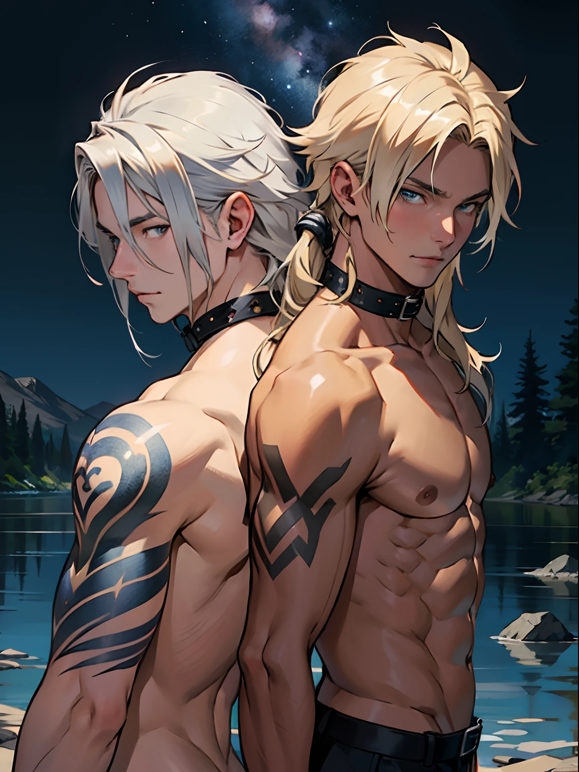 2boys, only、(Man's :2) ,twins,Handsome boy,Long silver hair、a blond、Collar,tattooed、Upper body naked、starrysky 、lake、Back lighting、hightquality、masutepiece,8K,
