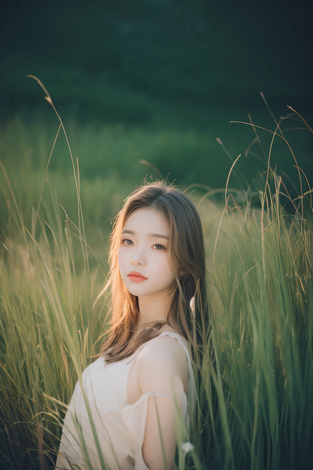hyperdetailed photo, Beautiful Korean kpop idol Woman, [dense woods|field], stars on sky, Soft Focus, nffsw, Film grain, Canon Rf, F/2.8