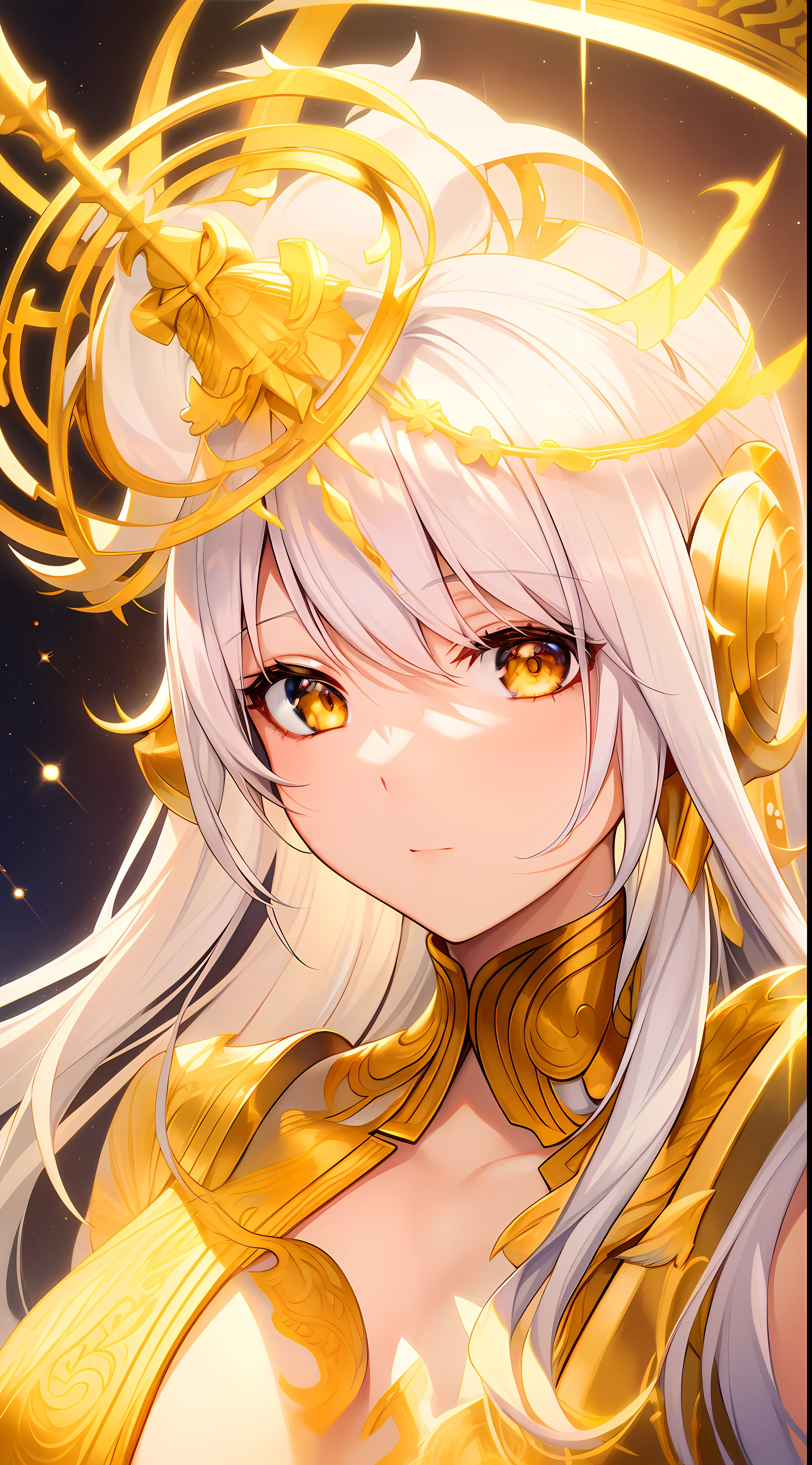 a woman with white hair and angel wings, beautiful gold saint, wearing a golden halo, golden halo, angelic golden armor, golden halo behind her head, gilded gold halo behind head, by Pu Hua, gold wings on head, detailed cosmic angelic robot, angelic halo, stunning anime face portrait, cute anime girl portrait, beautiful anime portrait, golden aura, angel knight girl`