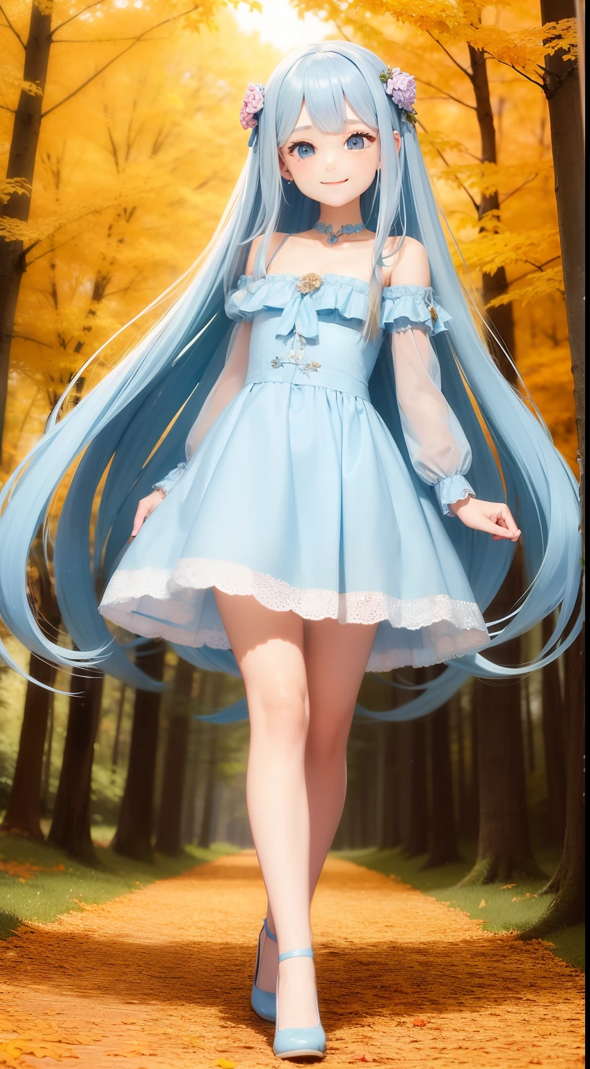 Pretty girl　a smile　Light blue long hair　Large in the center　Take a walk in the forest of autumn leaves　pup　Fairy tale background