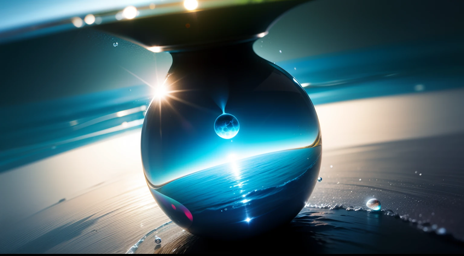 Earth inside a water drop, vibrant colours, volumetric light