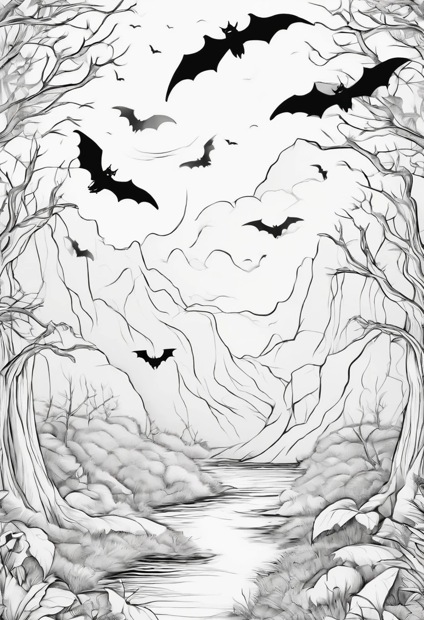 Line drawing,color no,Coloring book for kids,White background,Clear black lines isolated on white background，Halloween，batt、the bats