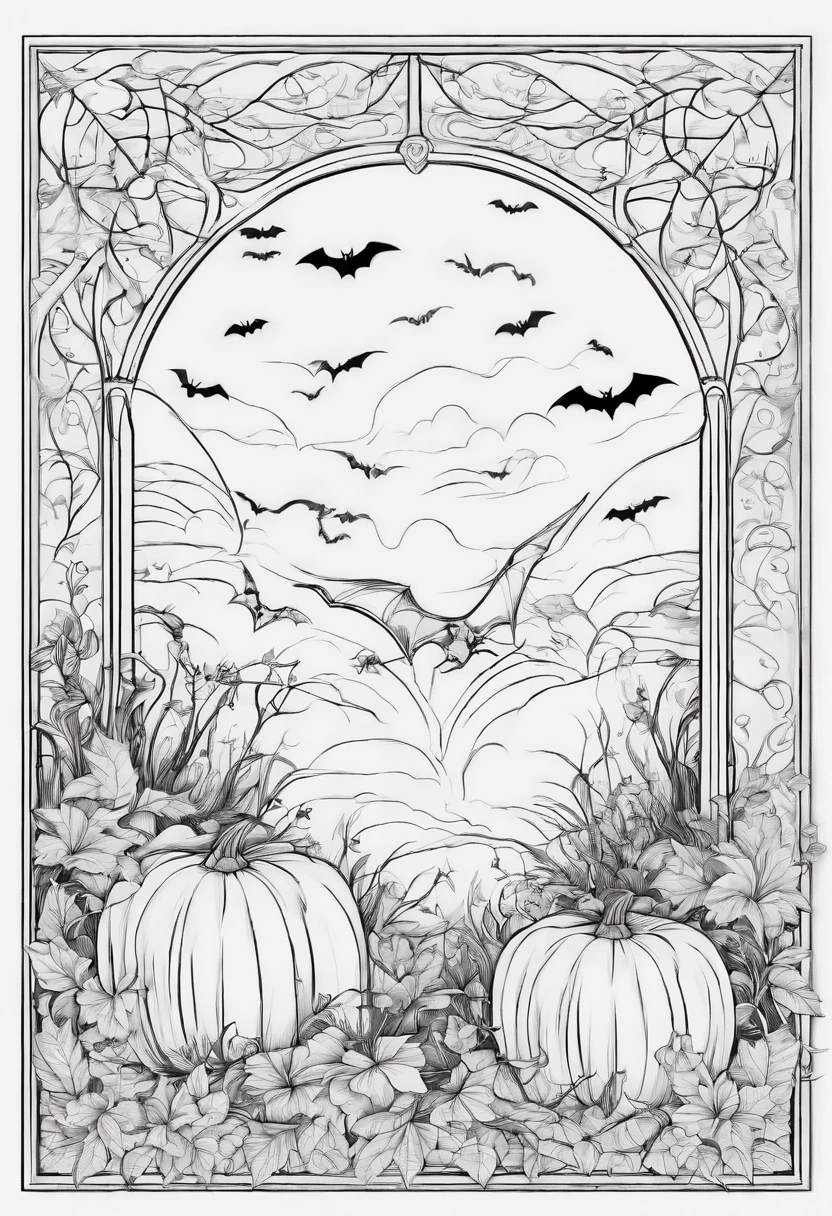 Line drawing,color no,Coloring book for kids,White background,Clear black lines isolated on white background,Halloween,batt、the bats