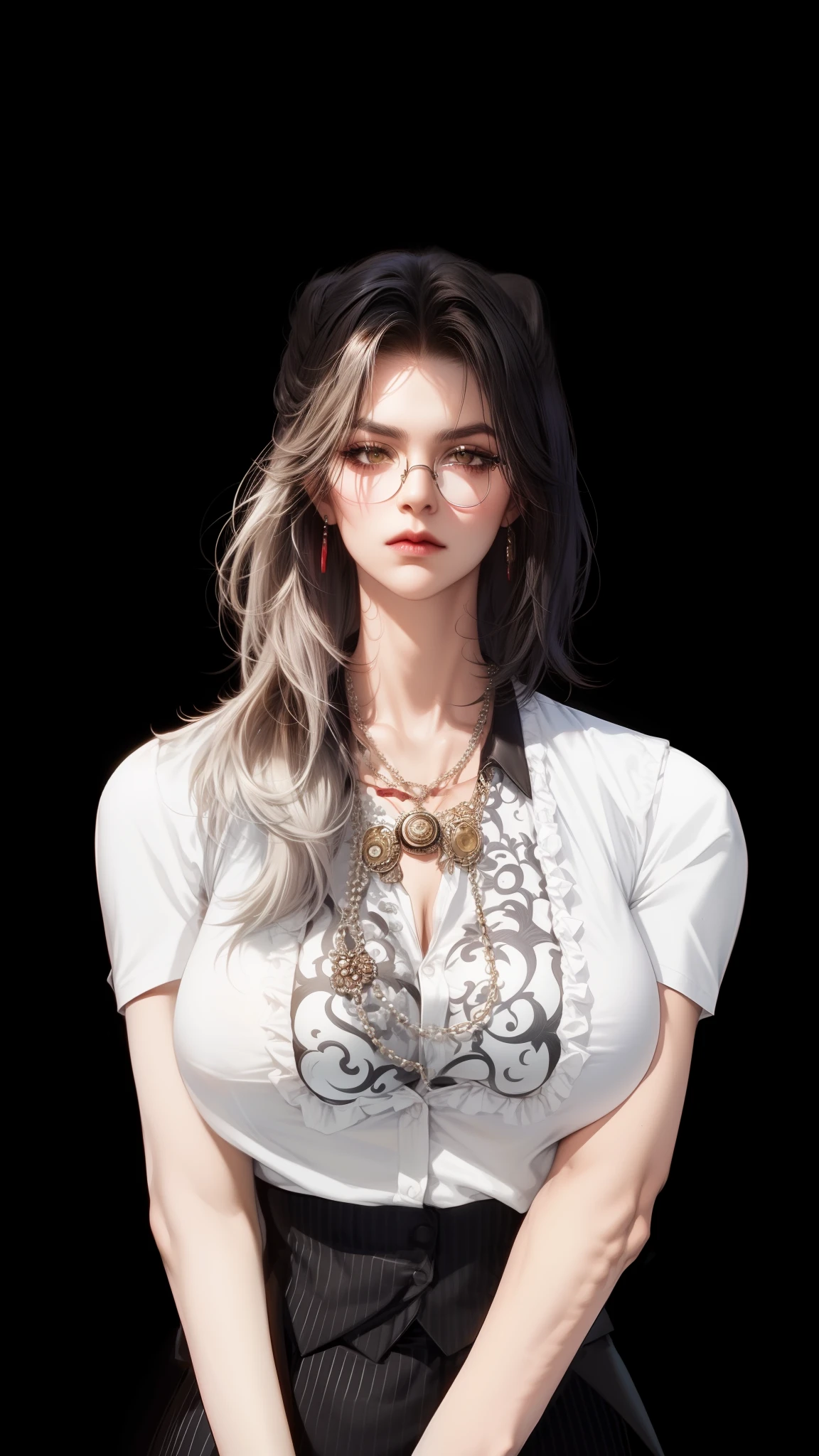 (Masterpiece,Best quality,Supergianthugebreasts_Detailed,A high resolution,absurderes),1girls, female focus, tattoo,big boobs,big tits, Solo, White hair,chain, shirt, black necktie, tiese, Simple background, Yellow eyes, Upper body, vest, Short hair, view the viewer, parted lip, Collared shirt, circle glasses, Long sleeves, neck tattoo, arm tattoos, Black shirt, Red background, Brown vest, monocle, jewelry (looks away:1.2)