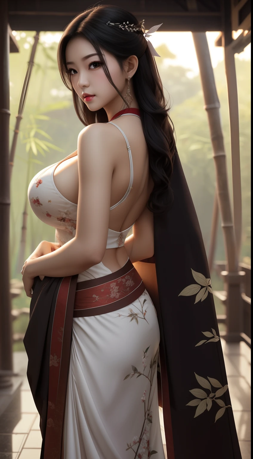 1female，熟妇，mature，Bigchest，Big breasts Thin waist，long leges，Raised sexy，Pornographic exposure， 独奏，（Background with：bamboo forrest，clubs） She has very short black hair，standing on your feet，Sweat profusely，drenched all over the body，seen from the front， hair straight， mostly cloudy sky，（（（tmasterpiece），（Very detailed CG unity 8K wallpaper），best qualtiy，cinmatic lighting，detailed back ground，beatiful detailed eyes，Bright pupils，（Very fine and beautiful），（Beautiful and detailed eye description），Black eyes，Redlip，ultra - detailed，tmasterpiece，）），facing at camera，（The upper part of the body），A high resolution，ultra - detailed），revealing breasts， legs are open，sexyposture，frontage，，（Wearing ancient Hanfu），Full body photo