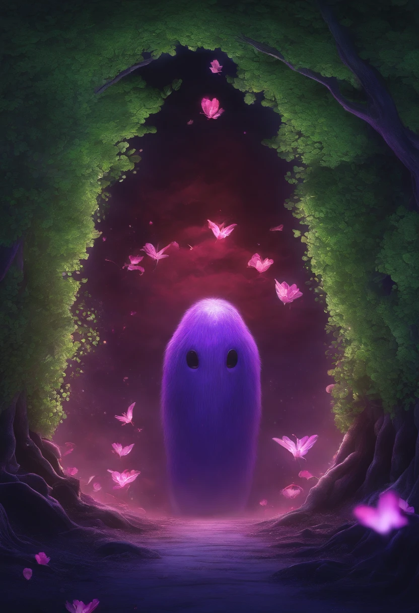NOFACE from spirited away faceing off with giant fluro ultraviolet and pink glowing coloured strange mutantslothmonster with red and green tentacles coming out ov its face boss monster with mini cherry blossom trees and blue willow trees and floating blue and red jelly pills with smiley anime faes on them and are also glowing in a purple green and purple mist around them