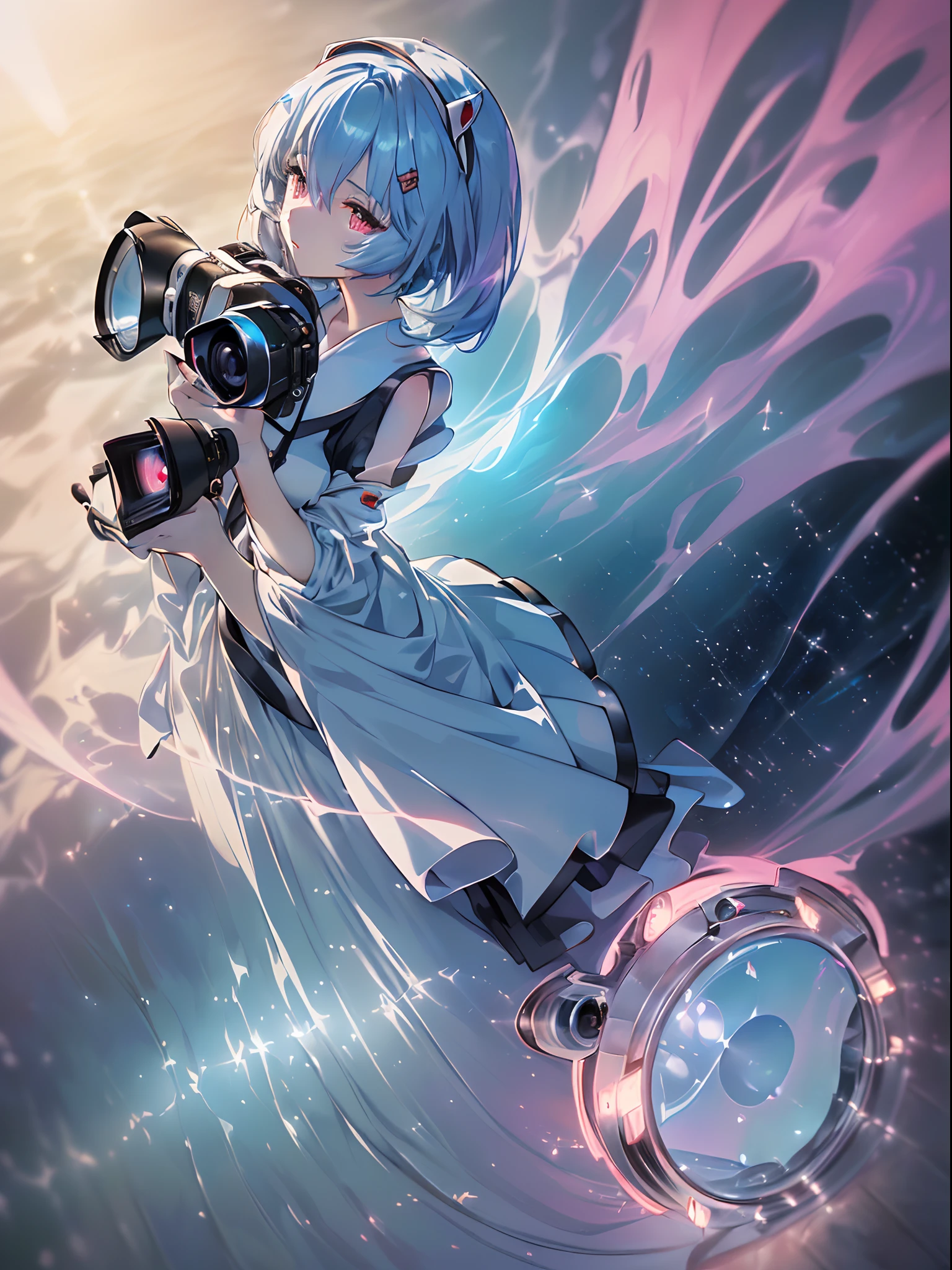 (((ayanami rei:))),headgear,1girl,solo,(masterpiece,best quality, official art,aim to viewers, beautiful and aesthetic:1.2),(ultra high res,spiral, golden ratio, (4k), see from above,((above the earth)),floating,dynamic lighting, natural lighting,(photon mapping, radiosity, physically-based rendering,automatic white balance), technological sense,Amazing,sharp focus,rich background, (((high detailed skin,)))dynamic lighting,intricate detailed outfit,glowing eyes,watery eyes,((short hair,))deadpan, skiny,  turtle neck, short skirt,button shirt,(masterpiece sidelighting),(bishoujo,lustrous),(sky blue hair,pink eyes,）[[delicate fingers and hands:0.55]::0.85],(detail fingers),((((SLR camera lens reflected in the eyes,Ultra Photographic Quality,ultra wide angles)))),((incredibly absurdres)),micro shot,((extremely_detailed_eyes_and_face)),(disheveled hair),FilmGirl