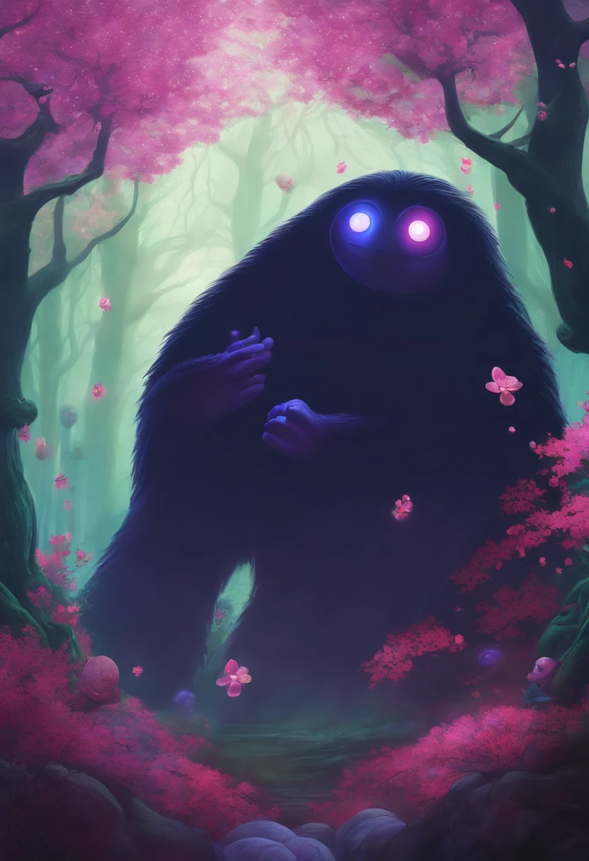 NOFACE from spirited away faceing off with giant fluro ultraviolet and pink glowing coloured strange mutantslothmonster with red and green tentacles coming out ov its face boss monster with mini cherry blossom trees and blue willow trees and floating blue and red jelly pills with smiley anime faes on them and are also glowing in a purple green and purple mist around them