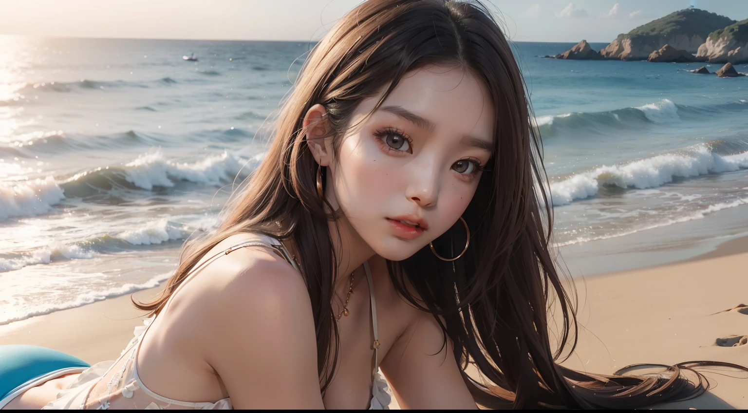 ((Highest quality)), ((masterpiece)) ,((one girl)), (detailed),((in the beach)), ((One girl)), ((nude)),((13 years old)),((flat chest:1.6)), (stare at viewer with stern eyes:1.5),((one girl)),(bitting own lip:1.1),(angry:0.9),nose blush,(shamefull:1.2),(bob cut hair),surprised, ((beautiful realistic face)),Beautiful Korean Women, Beautiful young Korean woman, Young and adorable Korean face, Gorgeous Young Korean Woman, Korean Girls, Girl cute beautiful face, Portraits of Korean female idols, Young and pretty Asian face, Cute natural anime face,Asian pretty face,((finely detailed face)),((glistening eyes)),((glistening eyes )),((large eyes)),(( pretty eyes)) ,(detailed),Perfect Face,((One girl)), ((clear eyes)),((show nipples)),((beautiful skin)), don't wear anything ,((show nipples)),(upper body),Showing her 