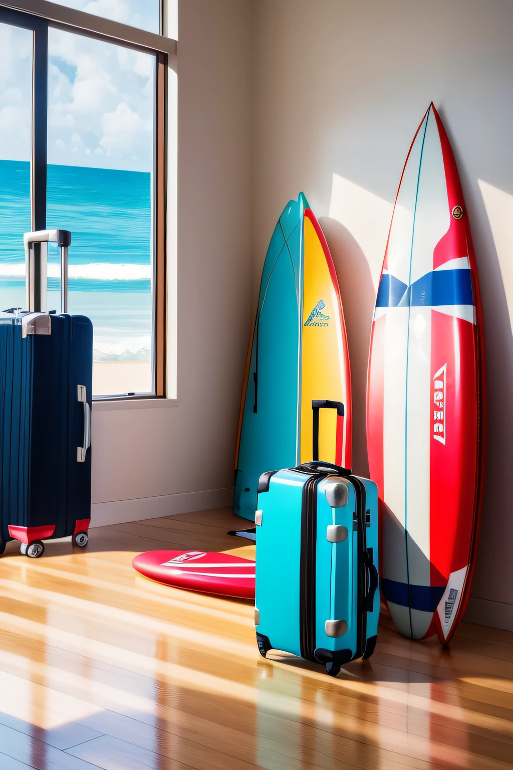 a surfboard, life preserver, beach ball, and suitcase on the floor. The surfboard is leaning against the wall, the life preserver is on top of the suitcase, and the beach ball is in the middle of the floor.