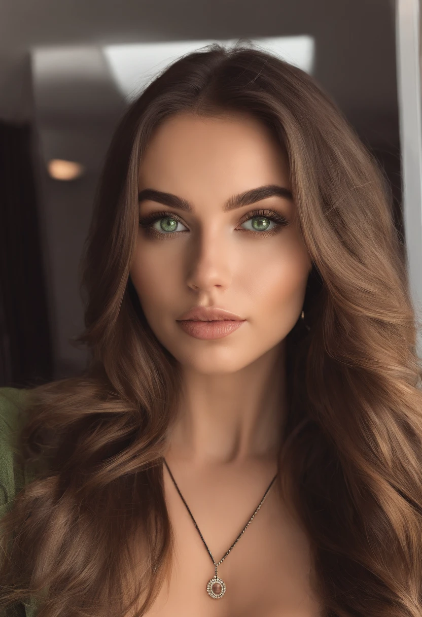 arafed woman with a black bikini and a necklace, sexy girl with green eyes, portrait sophie mudd, brown hair and large eyes, selfie of a young woman, bedroom eyes, violet myers, without makeup, natural makeup, looking directly at the camera in mirror, face with artgram, subtle makeup, stunning selfie in mirror, piercing green eyes, in a shopping mall