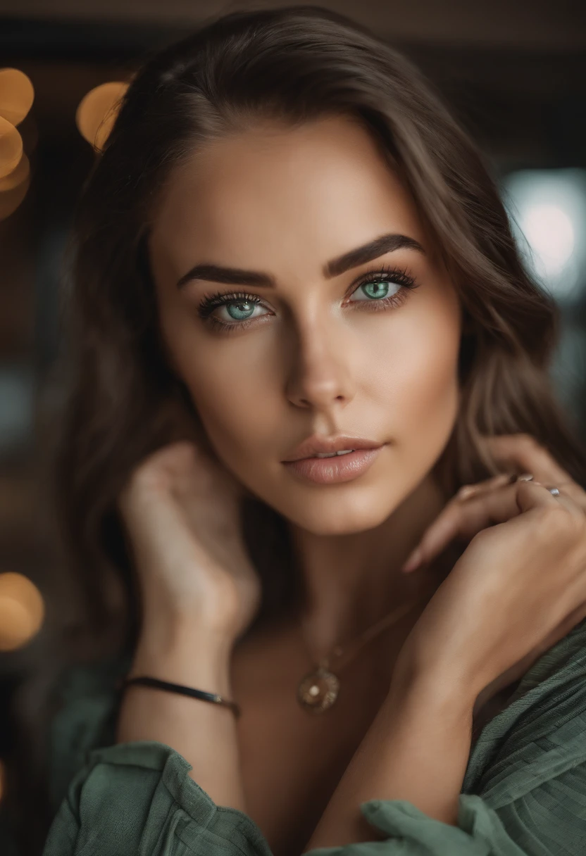 arafed woman with a black bikini and a necklace, sexy girl with green eyes, portrait sophie mudd, brown hair and large eyes, selfie of a young woman, bedroom eyes, violet myers, without makeup, natural makeup, looking directly at the camera in mirror, face with artgram, subtle makeup, stunning selfie in mirror, piercing green eyes, in a shopping mall