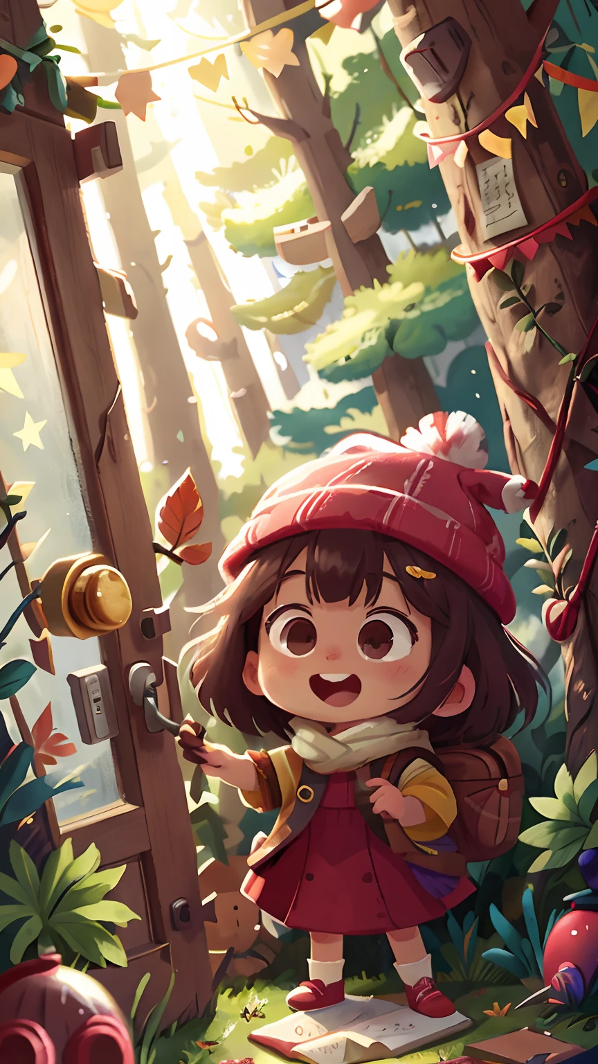 Several,girl with, personification,cheerfulness,Rejoice, knit hat, mystical forest, Shining doors, door leaf, Perfect quality,Clear focus(clutter - home:0.8), (tmasterpiece:1.2) (realisticlying:1.2) (Bokeh) (best qualtiy) (detailedskin:1.3) (intricate-detail {Ikko) (8K) (detailedeyes) (muffler),(having fun)