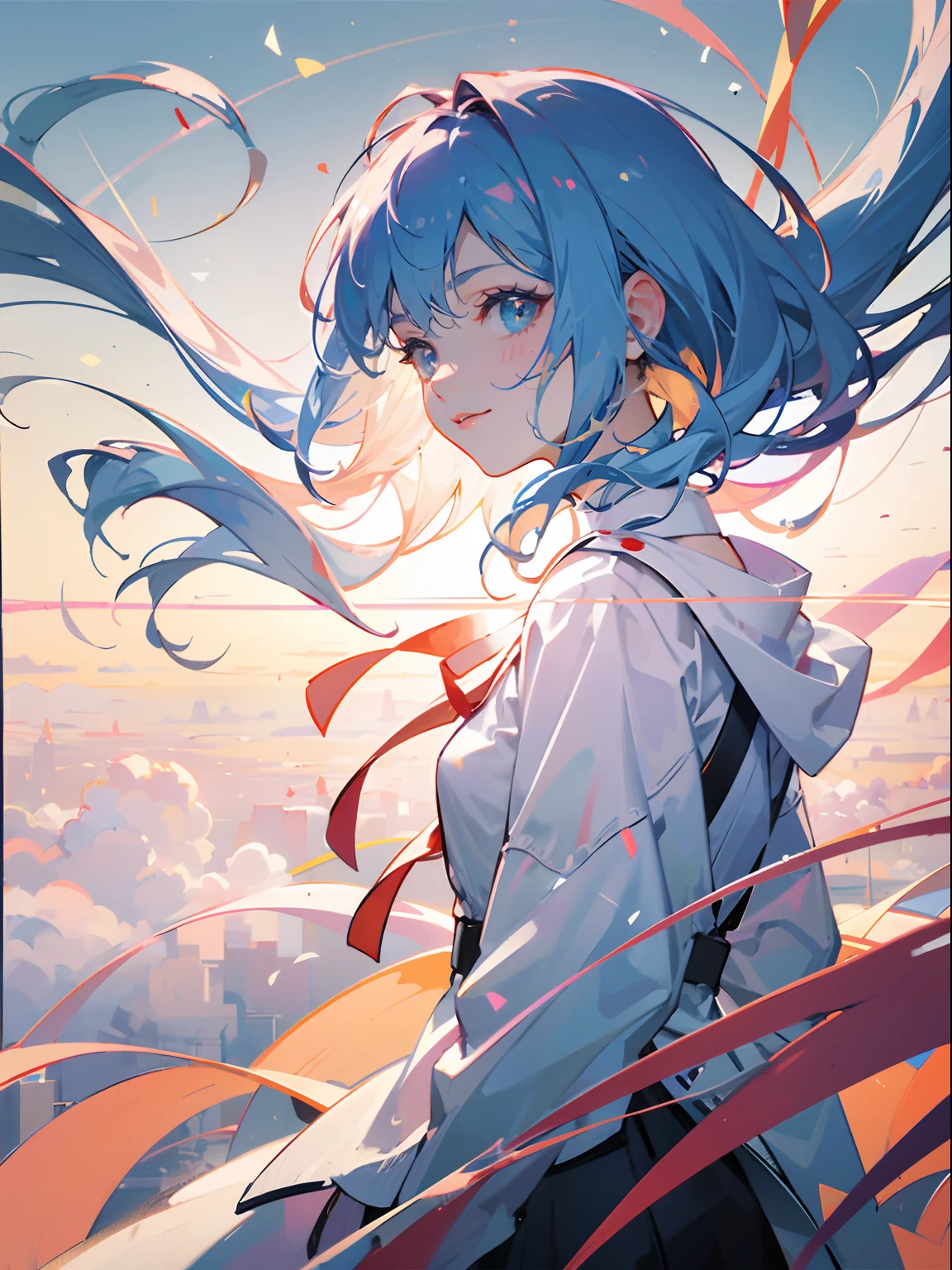 masterpiece, best quality, movie still, 1girl, floating in the sky, cloud girl, cloud, (close-up:1.1), bright, happy, fun, soft lighting, (Bauhaus, shapes, lines, abstract:1.1)