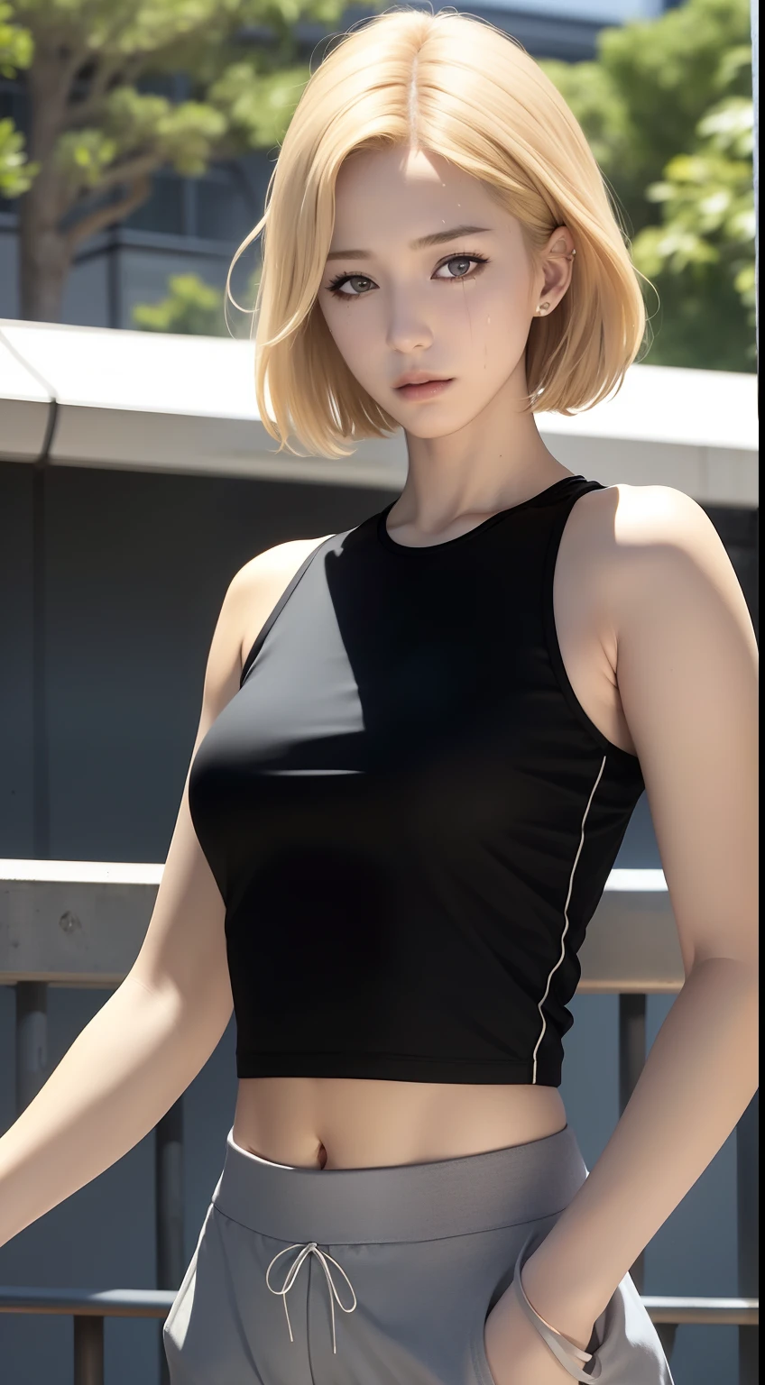 ((masterpiece:1.2, best quality)), 1girl, short hair, blonde hair, upper body, looking at viewer, pants, plants, daytime, korean streetwear, running, exhausted, exhausted expression, sweaty, outside, by the river, casual style, cyberpunk style, (black crop top:1.3), black yoga pants, casual wear, white sneaker, people in background, highly-detailed, perfect face, dynamic pose,