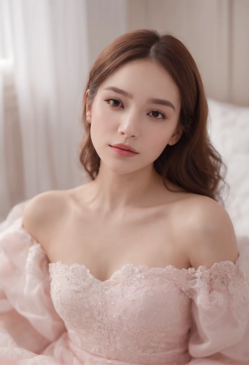 Lovely girl bedroom,Solo,Look at the lens angle from the bottom up,Pink room,(modern day,Ultra-realistic display),Selfie pose,on itself,Soaked white dress,NSFW,Flesh-colored stockings,Hands on your back,New skin,exquisite collarbone