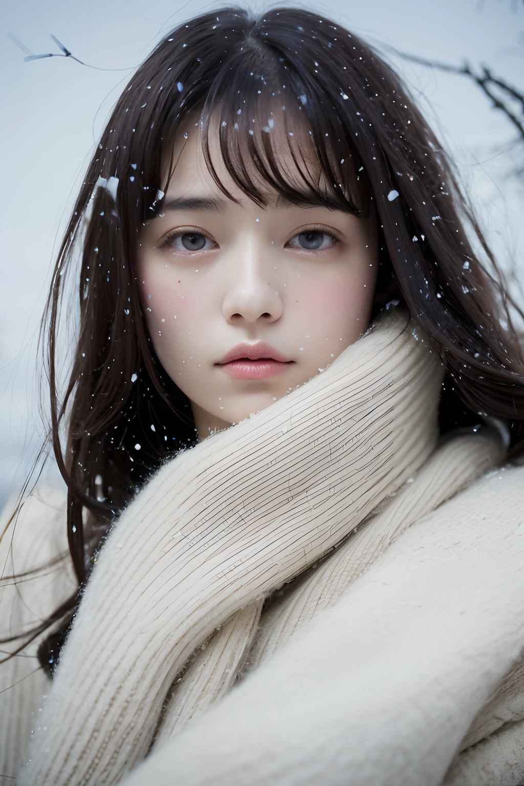 (8k, best quality, masterpiece, ultra highres:1.2) Photo of Pretty Japanese woman
 in the (style of paul rubens and rebecca guay:1.1) (melancholy winter snow:1.4)