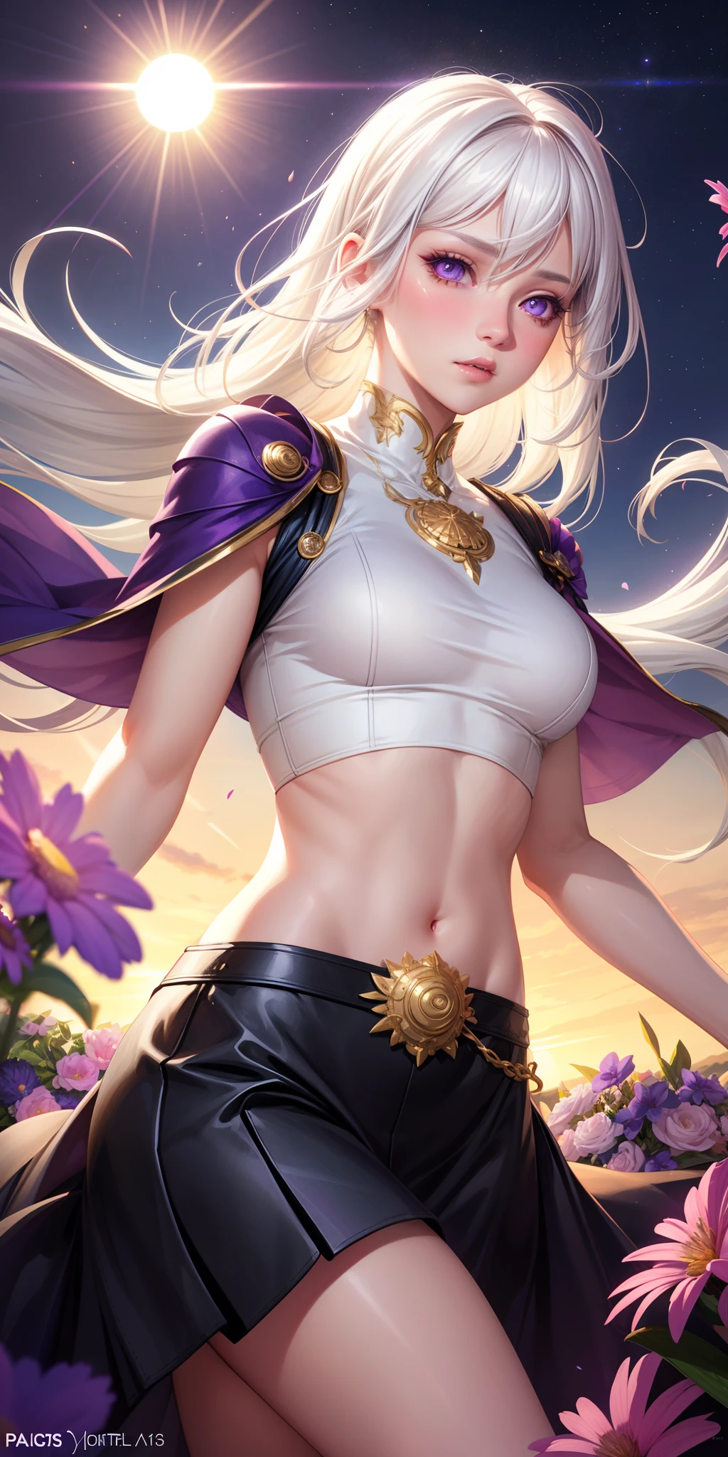 realistic, 1girl, white hair, purple eyes, glowing eyes, crop top, skirt, parted lips, blush, night, flowers, sun, sunlight,
