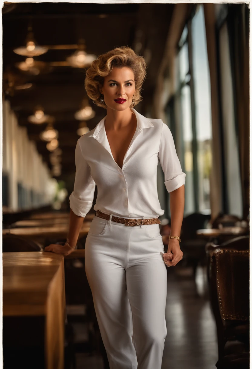 master part, uma bela mulher, ((Marilyn Monroe:Ingrid Bergman:0.5)), (White V-neck tight shirt and pantaloon dark jeans), (corpo perfeito) (cabelos castanho medio), outside in the cafeteria (textura da pele:1.1), best quality, ultra high-resolution, Foto RAW, Nikon D850 |, luz de fundo, at office, luz solar brilhante, filmic grain:1.2, (Tonalidade quente, tom quente:1.2), (foto colorida)