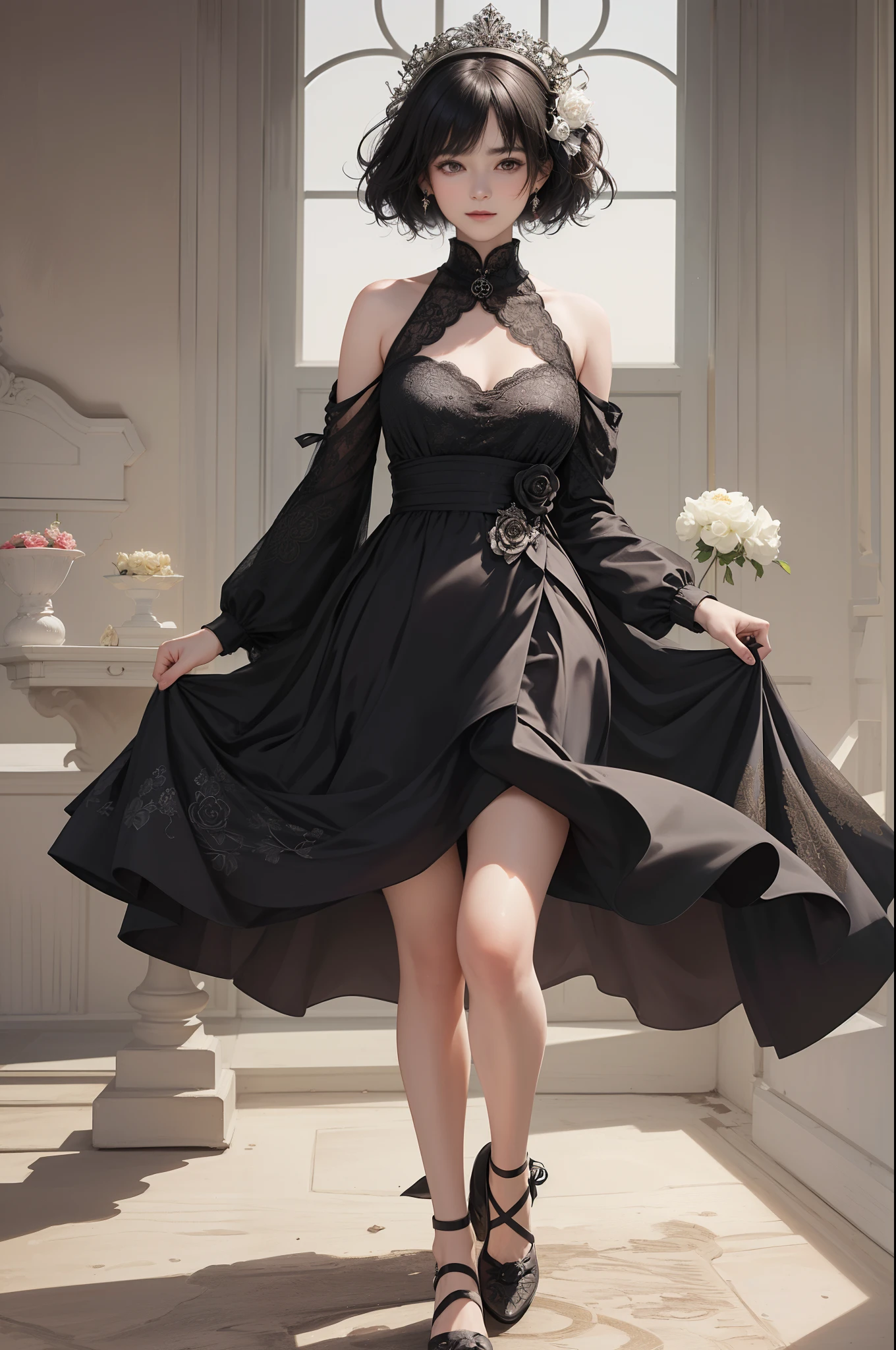 ((Best Quality))), (8K picture quality), ((masutepiece)), (Very sophisticated、Beautiful fece), (wearing dresses) , (1womanl), (Black shorthair), Dress up, with floral pattern, Soft silk fabric, 电影灯光, Gentle expression, A slight smil, full length, Luxurious interior