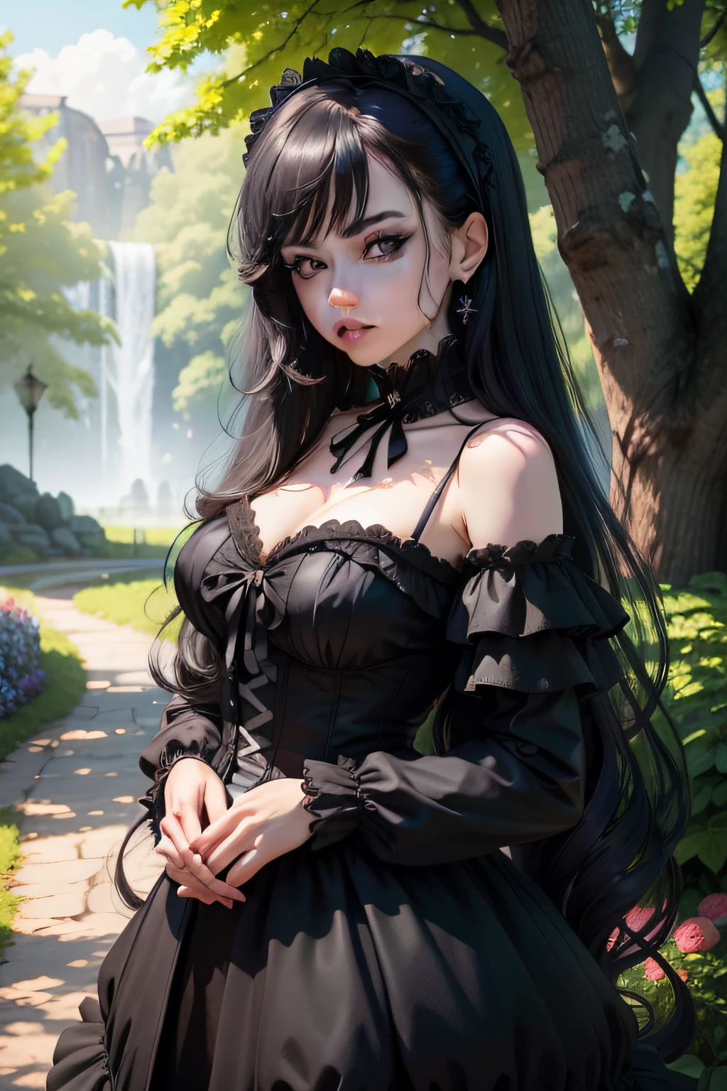 (masterpiece:1.2), (best quality:1.2), perfect eyes, perfect face, perfect lighting, 1girl, mature female gothgal standing with her hands in front, long hair, intricate hairdo, makeup, black lips, thick eyelashes, sad, melancholy, wearing a gothgal outfit, black and white dress, frills, ribbons, puffy sleeves, bare shoulders, lacey choker, jewelry, peaceful, quiet, chill, detailed outdoor background, beautiful landscape, fantasy, summer, sunny, sunburnt, flowers, trees