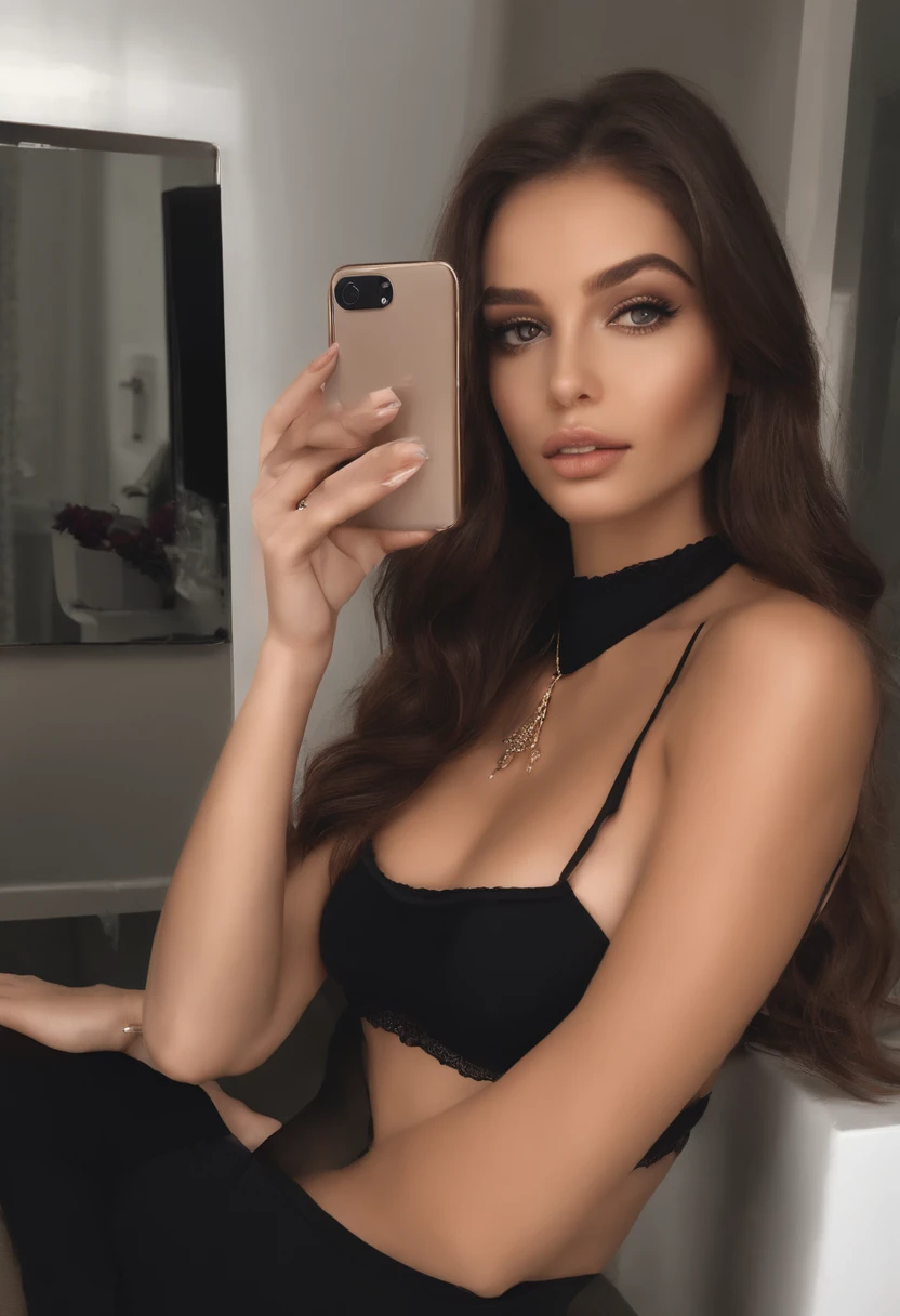 arafed woman with a black bikini and a necklace, y girl, portrait sophie mudd, brown hair and large eyes, selfie of a young woman, bedroom eyes, violet myers, without makeup, natural makeup, looking directly at the camera in mirror, face with artgram, subtle makeup, stunning selfie in mirror, in a shopping mall