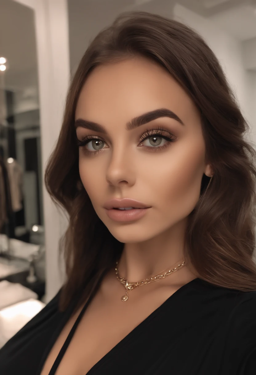 arafed woman with a black bikini and a necklace, sexy girl, portrait sophie mudd, brown hair and large eyes, selfie of a young woman, bedroom eyes, violet myers, without makeup, natural makeup, looking directly at the camera in mirror, face with artgram, subtle makeup, stunning selfie in mirror, in a shopping mall