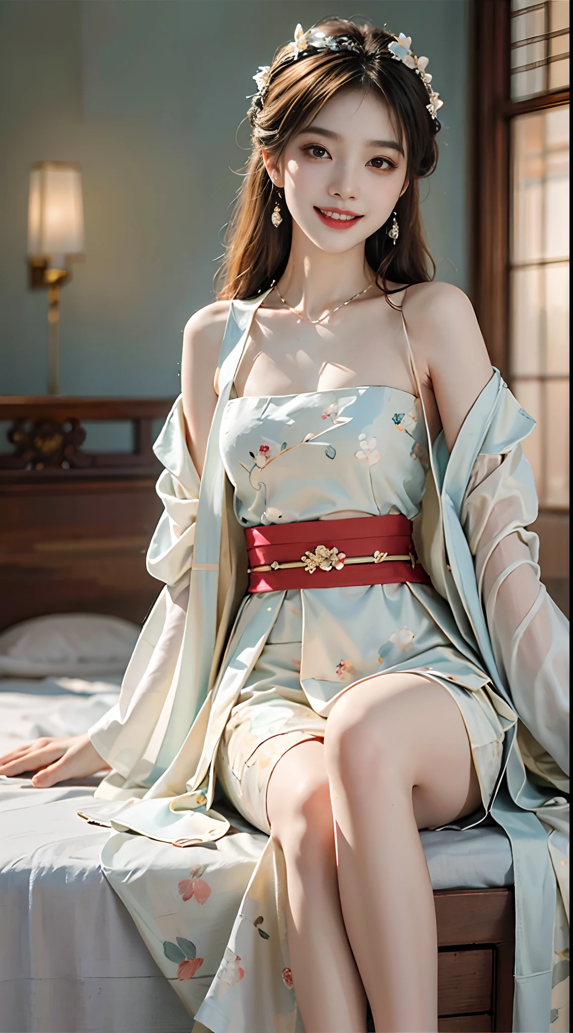 ((full body)), ((from below)), ((realistic)), 1 Asian female model, A young girl, (Being in the room, Sit Pose, Cross ed leg, Leaning against the dresser), Pleasing posture, Eye-catching poses, Nice long legs, Detailed scenes, Coiled hair, Hairpins, Beautiful hair accessories, Brownish-yellow hair, light make-up, Blushlush, Gloss on lips, ((White floral Hanfu, hanfu, high-waist, Nice belt, high-heels)), ((warm lights, a warm color palette)), (Extremely high color saturation), Detailed details, ultra-detailliert, (tmasterpiece, best qualtiy), (An extremely delicate and beautiful work), Delicate earrings, Delicate necklace, Simple blurred background, Extreme detail description, Ultra-fine painting, Delicate face, slim toned body, Slimming the waist, (grin, happy grin, Baring teeth), (anatomy correct)