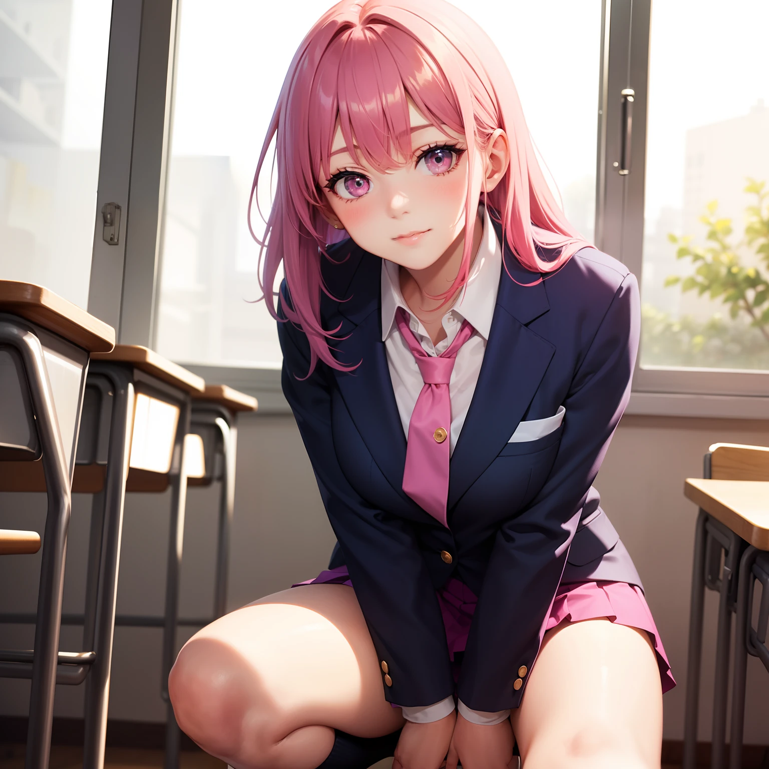 High School Girl, Dark blue blazer, Shocking pink super mini skirt, Pink tie, knee high socks, Pink hair, School Classroom, Looking at the viewer, Front view
