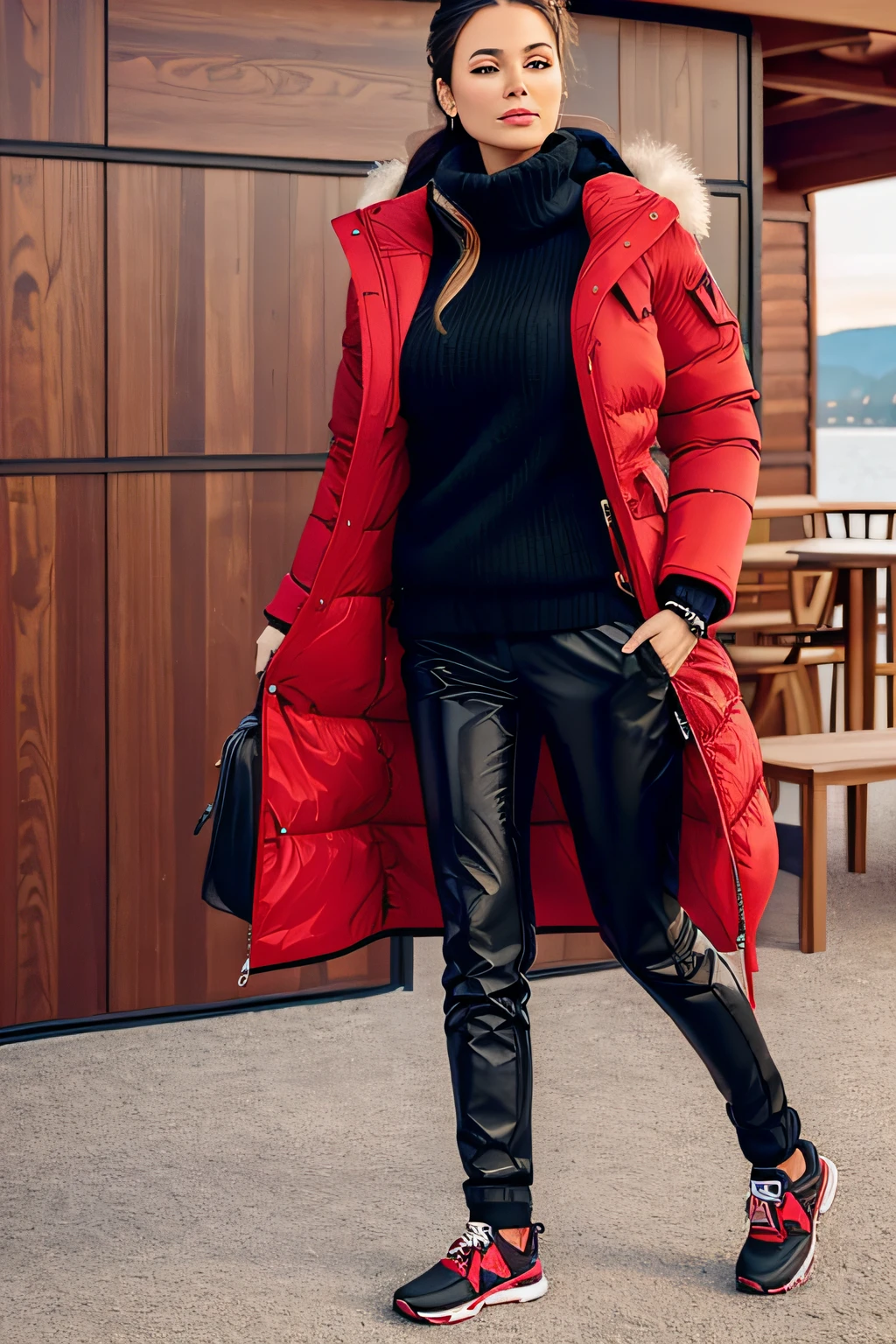 Make a woman with big breast, Red long winterjacket , with open zipper, with face, body, Lakeside house, travel bag, black pants, dog, Sweater